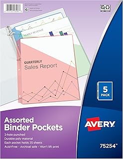 Avery Binder Pockets, Assorted Colors, 8.5" x 11", Acid-Free, Durable, 5 Slash Jackets (75254)
