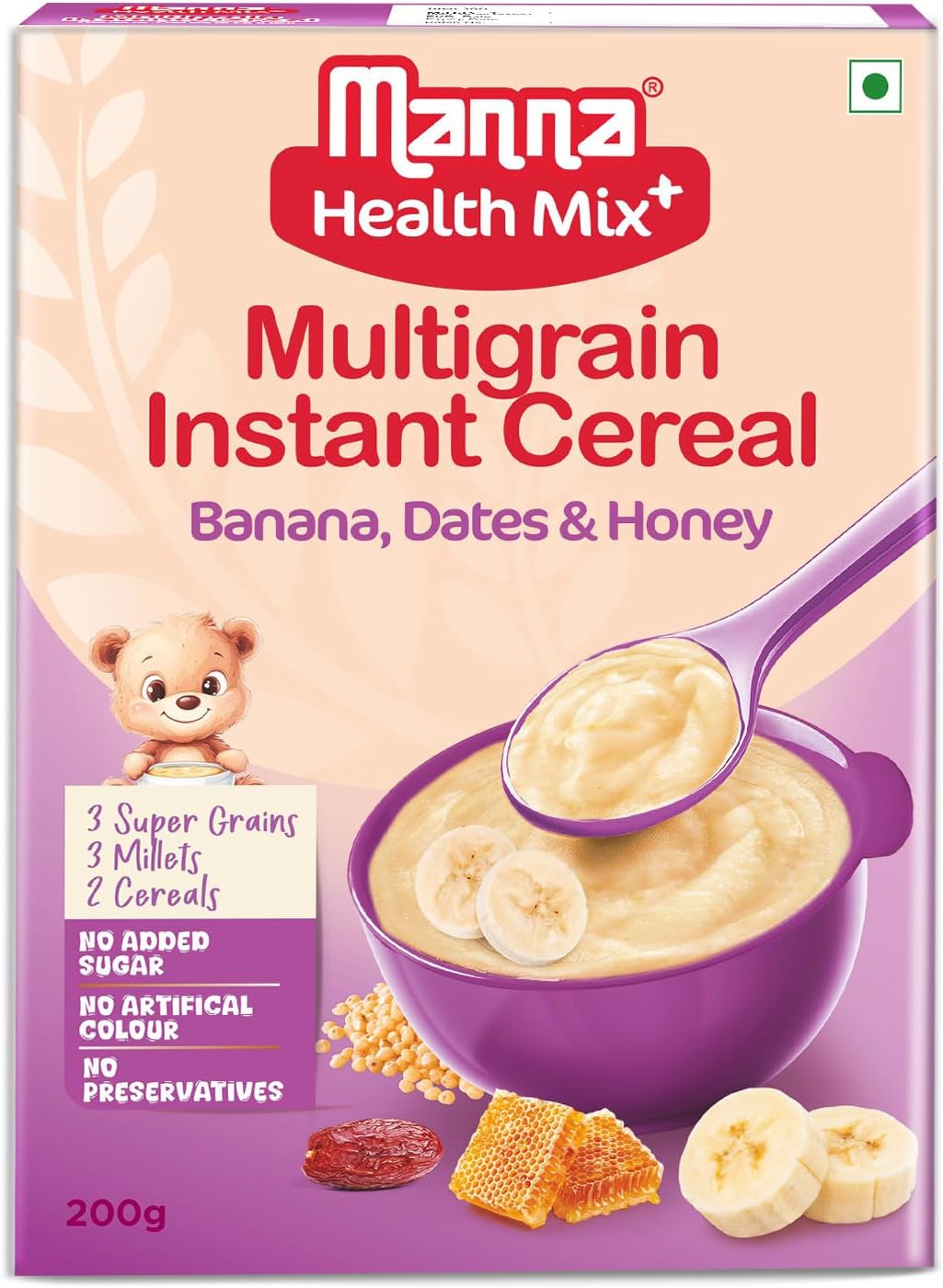 Manna Health Mix Instant Multigrain Cereal, Banana, Dates, Honey with Milk, Made with Real Fruits and 8 Supergrains and Millets, No Added Sugar, No Artificial Color, Flavors - 200g (Pack of 1)