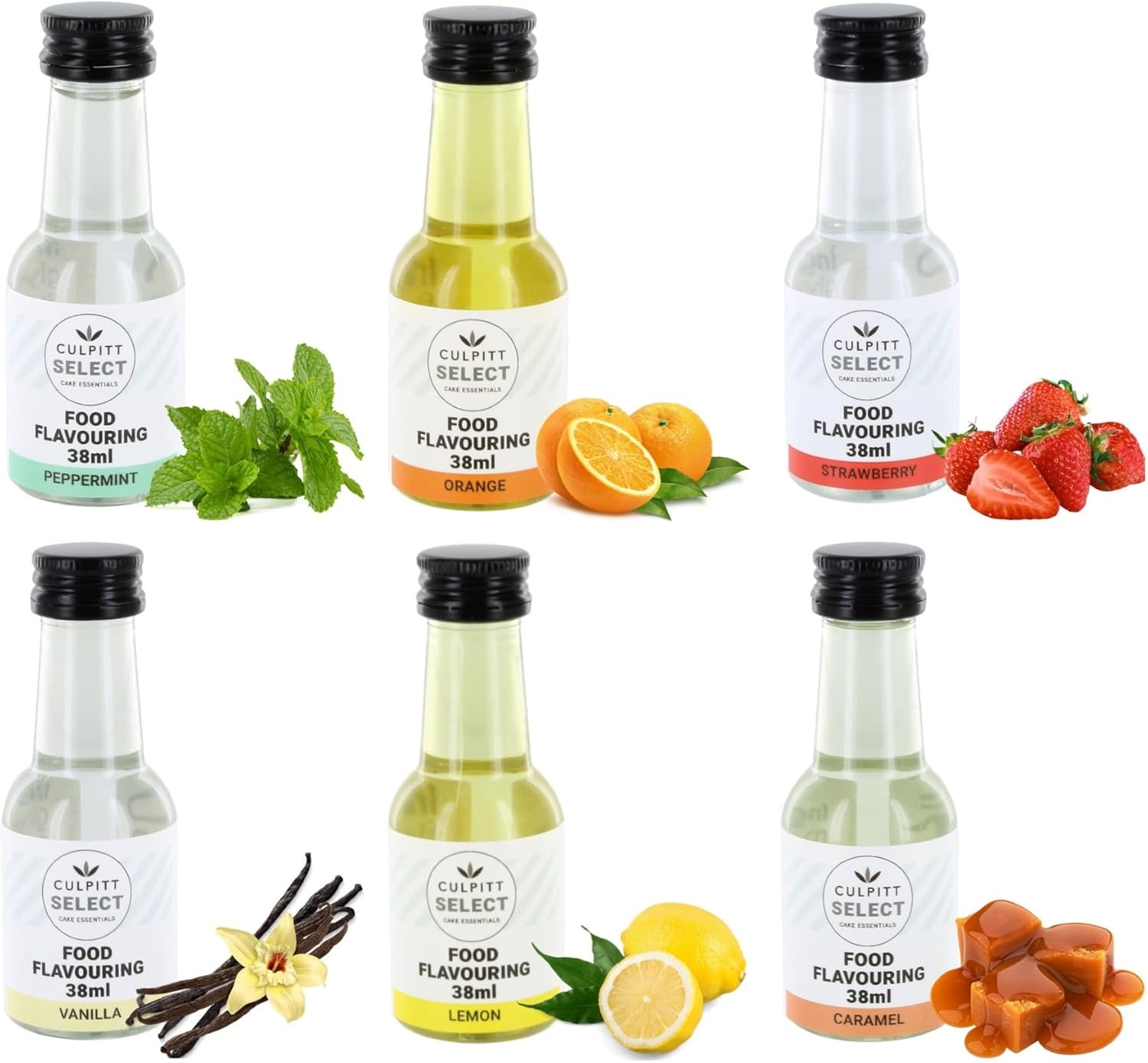 Culpitt Food Flavours | 6 Pack | Vanilla, Strawberry, Orange, Lemon, Caramel, Peppermint, Liquid Flavour For Baking, Cooking, Desserts, Drinks & Cocktails - 228ml