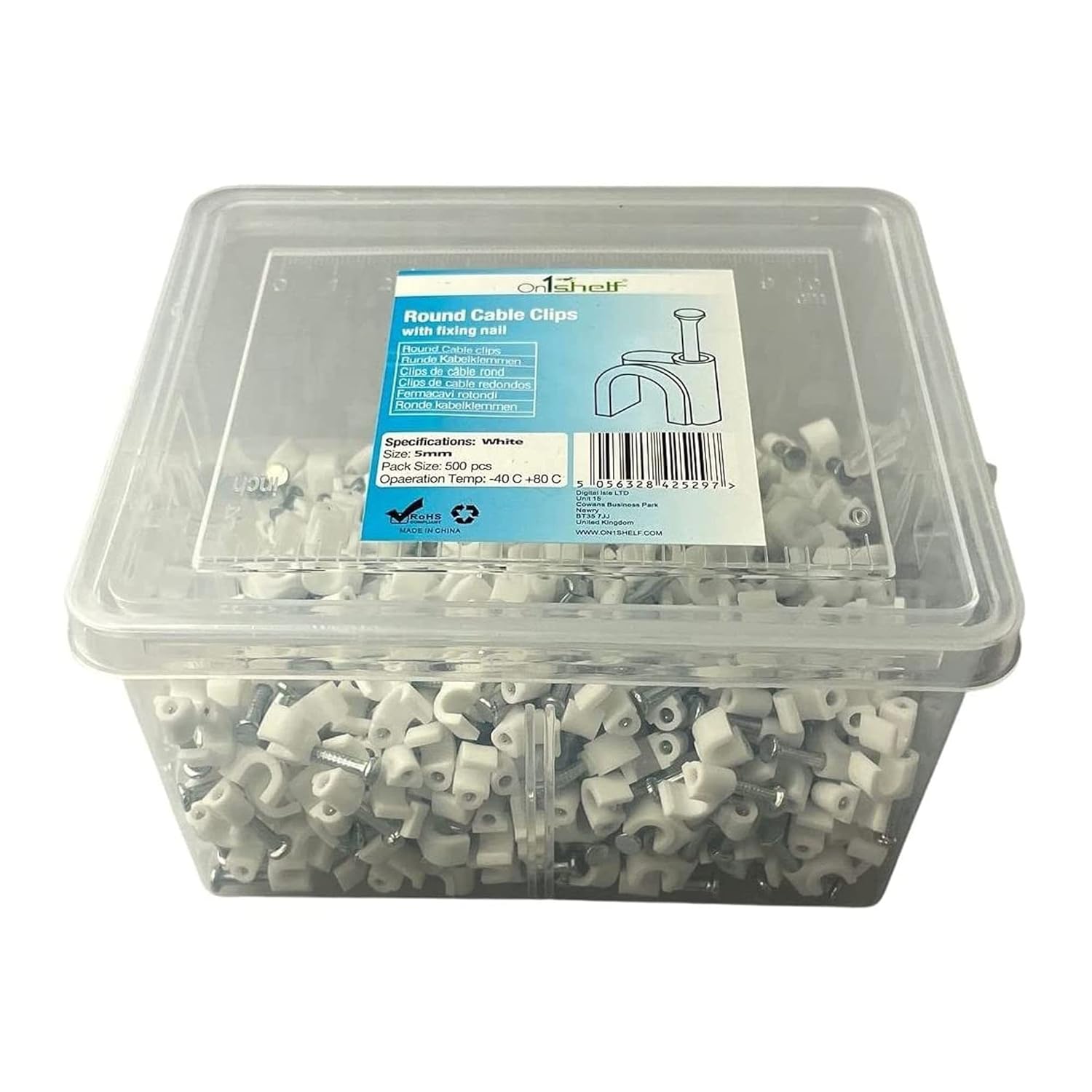 White Round Cable Clips K-Type Trade Box, (5mm / 0.20") - 500 Pieces