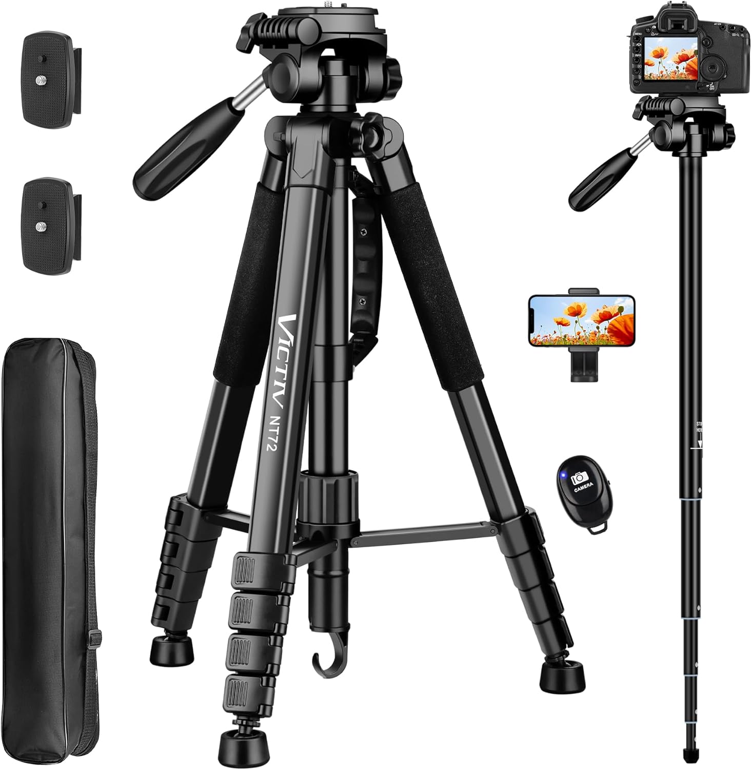 Tripod for Camera, 72" Tall Camera Tripod with Remote, Compact Camera Stand Tripod for Phone, Lightweight DSLR Tripod& Monopod, Professional Heavy Duty Tripod for Spotting Scope, Telescope, Binocular
