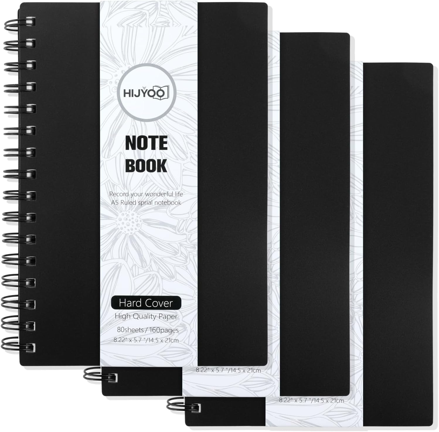 3 Pack Notebook A5, 480 Pages A5 Notepad Wirebound Spiral Notebooks for Writing, 80GSM Paper, PVC Cover, Lined Journal for Women Men Work Office School, 14.5 x 21cm-Black