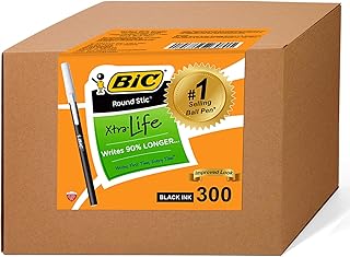 BIC Round Stic Xtra Life Bulk Pens Ballpoint - Pack of 300 Black Ink Pens - Medium point 1.0 mm