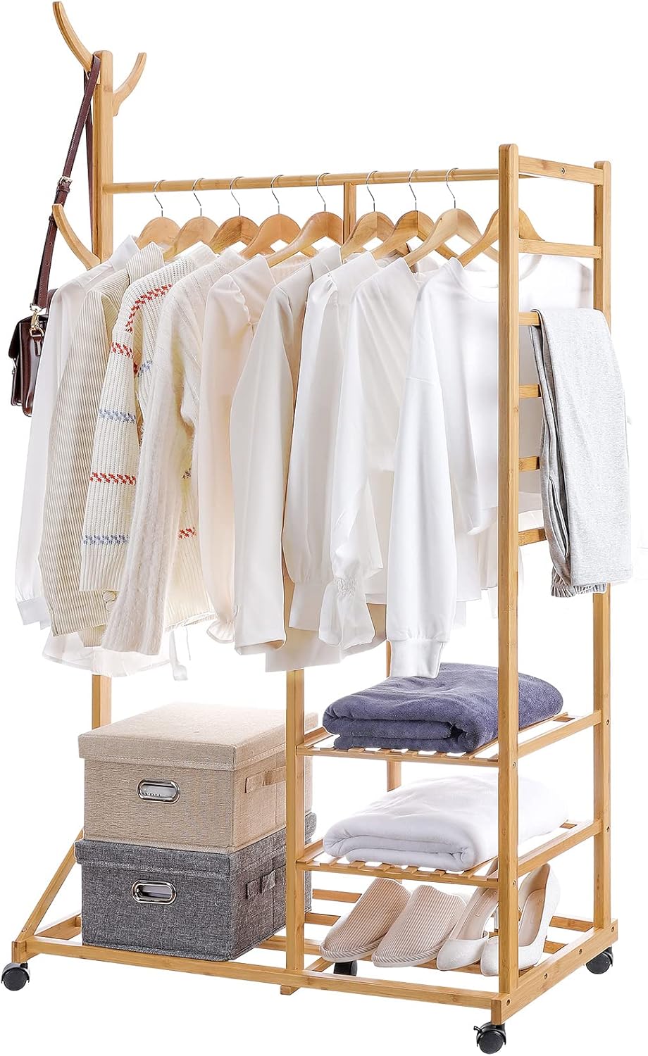 Homde Clothing Rack Bamboo Garment Holder, Rolling Coat Hanger with Wheels, Multifunctional Clothing Hanging Stand with Hat Tree, 3 Layers Wardrobe Storage Shelves with 6 Hooks (Bamboo)