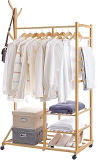 Homde Clothing Rack Bamboo Garment Holder, Rolling Coat Hanger with Wheels, Multifunctional Clothing Hanging Stand with Hat Tree, 3 Layers Wardrobe Storage Shelves with 6 Hooks (Bamboo)