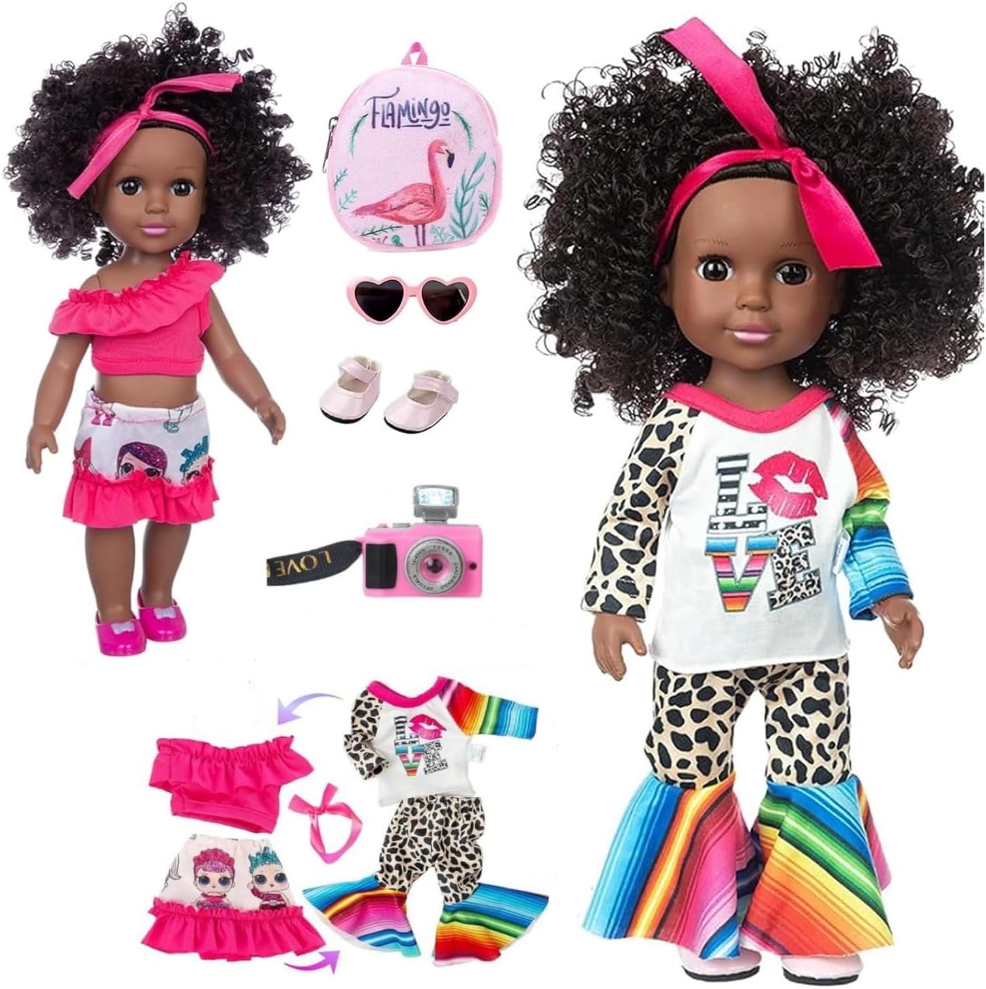 XFEYUE14.5 inch Black Doll and 2 Sets Clothes Accessories, African American Baby Girl Doll Including Glasses, Camera, Bag &Shoes for Kids Girls