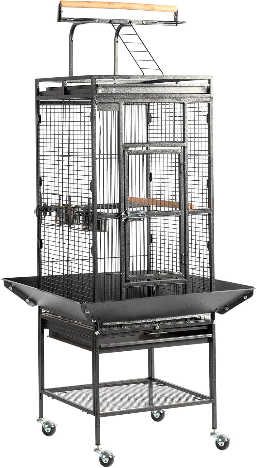 VINGLI Bird Cage with Wheels, 62 inch Bird Cages with Play Top, Wrought Iron Cage with Rolling Stand for Parrots, Cockatiels, Budgies, Lovebirds, Small/Medium Birds