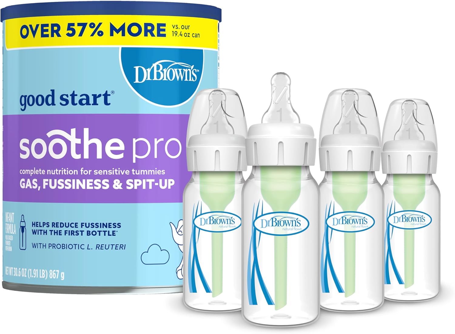 Dr. Brown's Good Start Baby Formula Powder, 30.6 Ounce & Natural Flow Anti-Colic Options+ Narrow Baby Bottle, 4 oz/120 mL, with Level 1 Slow Flow Nipple, 0m+, 4 Bottles