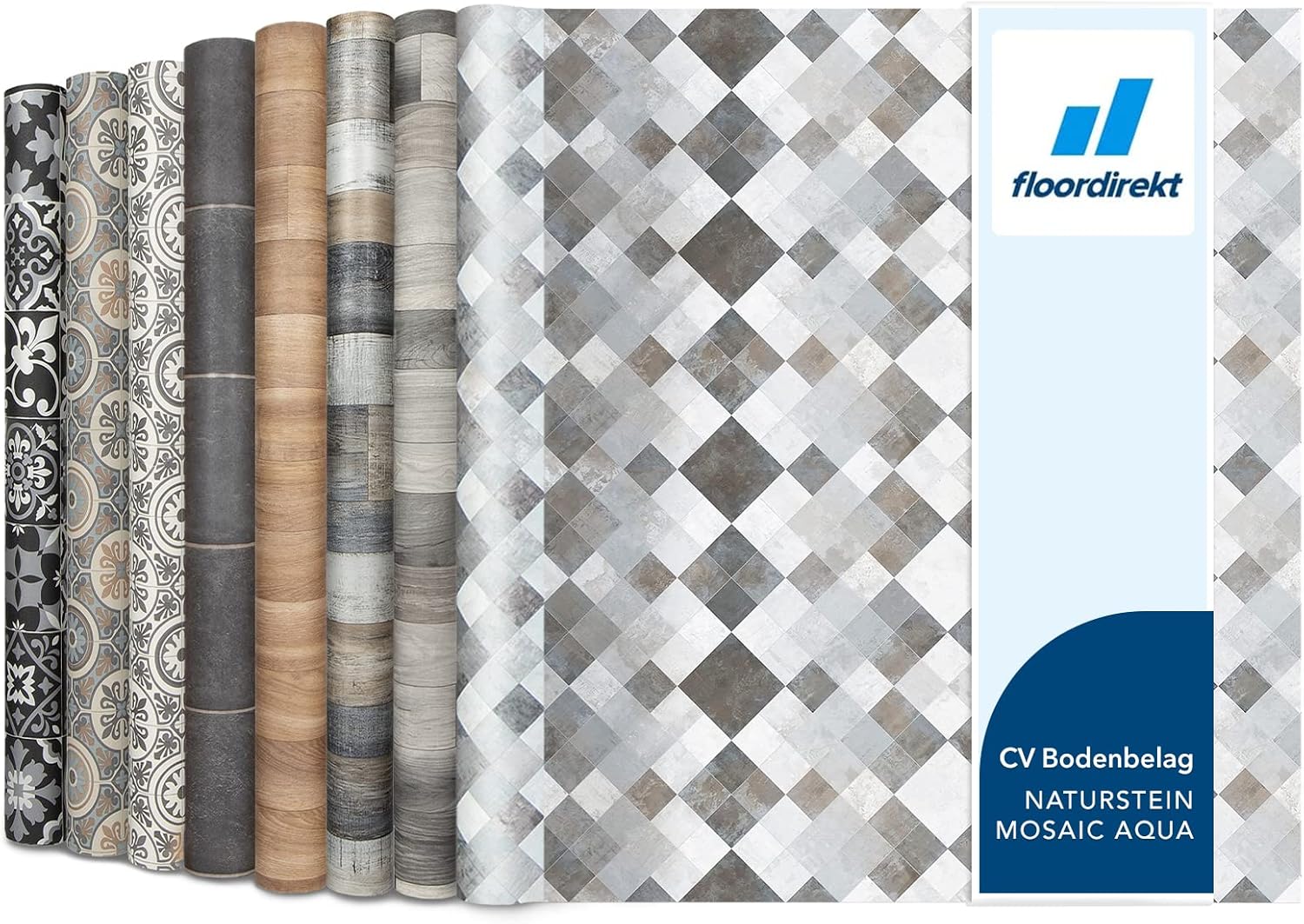 CV Cushioned Vinyl Flooring PVC Tile Effect, Structured Vinyl Flooring, Tile Optic Flooring for Kitchen, Bathroom, Home or Commercial (100 x 200 cm, Toscana Aqua)