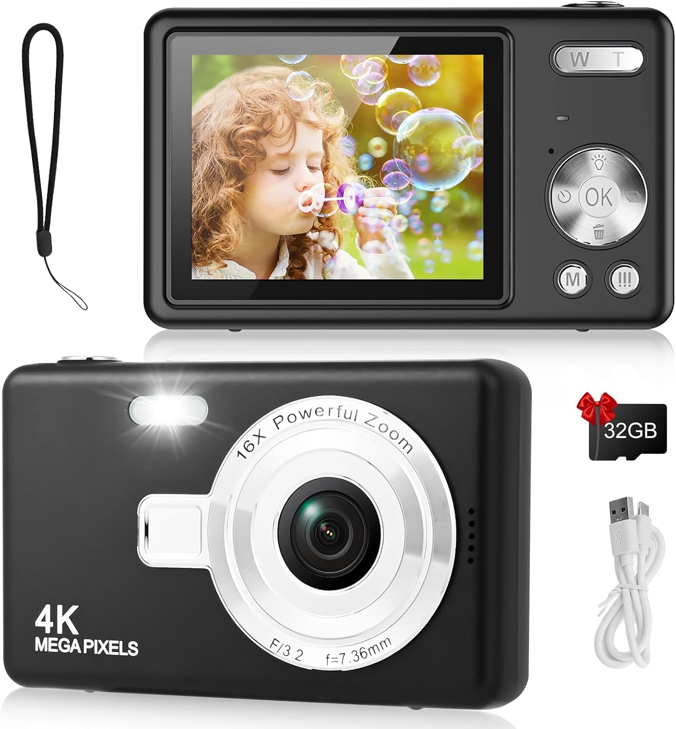 Digital Camera - 1080P FHD 44MP with 2.4" LCD Screen Compact Portable Vlogging Photo Camera with 32gb SD Card 16X Digital Zoom for Kids Teen Students Beginner (Upgrade Black)