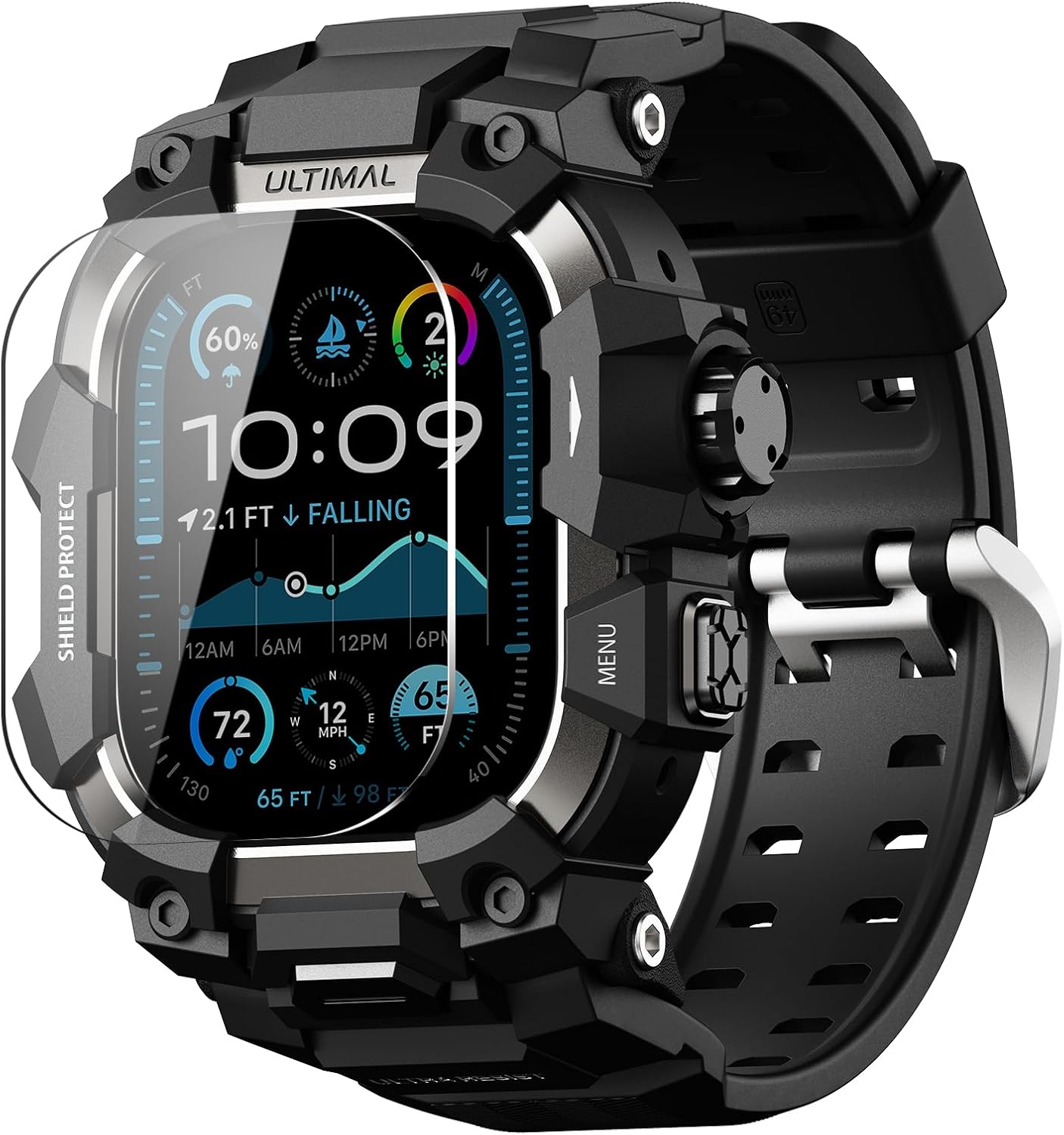 ULTIMAL Rugged Case with Band for Apple Watch 49mm,Compatible with Apple Watch Ultra/Ultra 2, Military Grade Shockproof Bumper Cover for iWatch Tactical Band Men (49mm,Black)