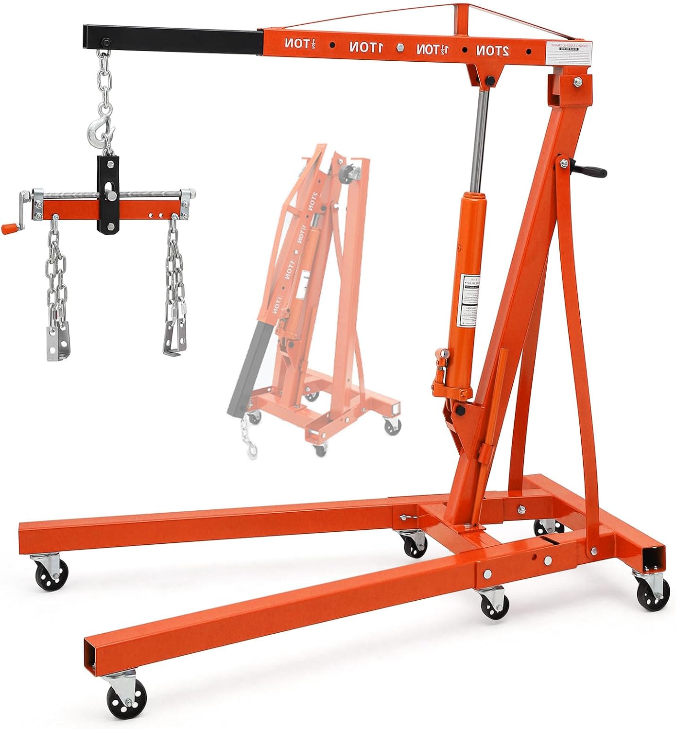 Engine Hoist with Lever, 2 Ton 4000 Lbs Heavy Duty Folding Cherry Picker Engine Lift Hydraulic Tilting Engine Shop Crane with 6 Iron Caster Wheels Telescopic Boom Hitch,Orange