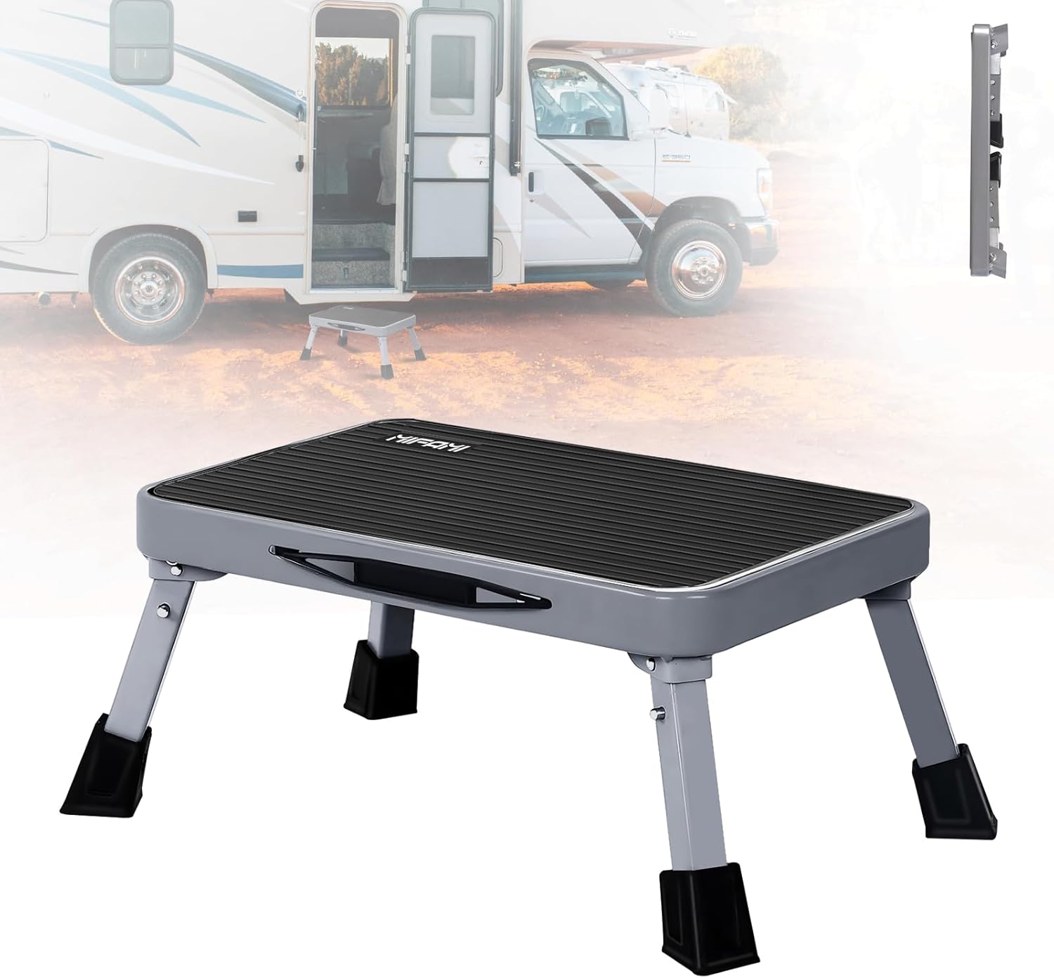 RV Step Stool Foldable 1-Step Ladder Sturdy Metal Stable Step Stool with a Non-Slip Platform Supports up to 500 lb with Non-Slip Rubber Feet, Easy to Carry