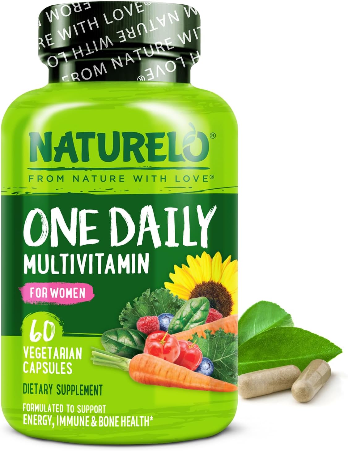 NATURELO One Daily Multivitamin for Women - Energy Support - Whole Food Supplement to Nourish Hair, Skin, Nails - Non-GMO - No Soy - Gluten Free - 60 Capsules - 2 Month Supply