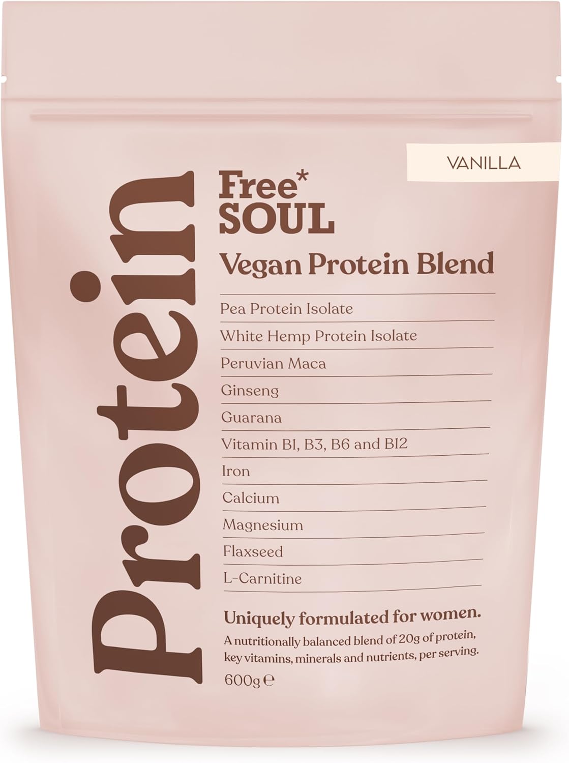 Free Soul Vegan Protein Powder | Formulated for Women | 600g | 20g Protein with Added Nutrients | Gluten & Soy Free Plant-Based Nutrition Shake | Pea & Hemp Isolate Protein | Vanilla Flavour