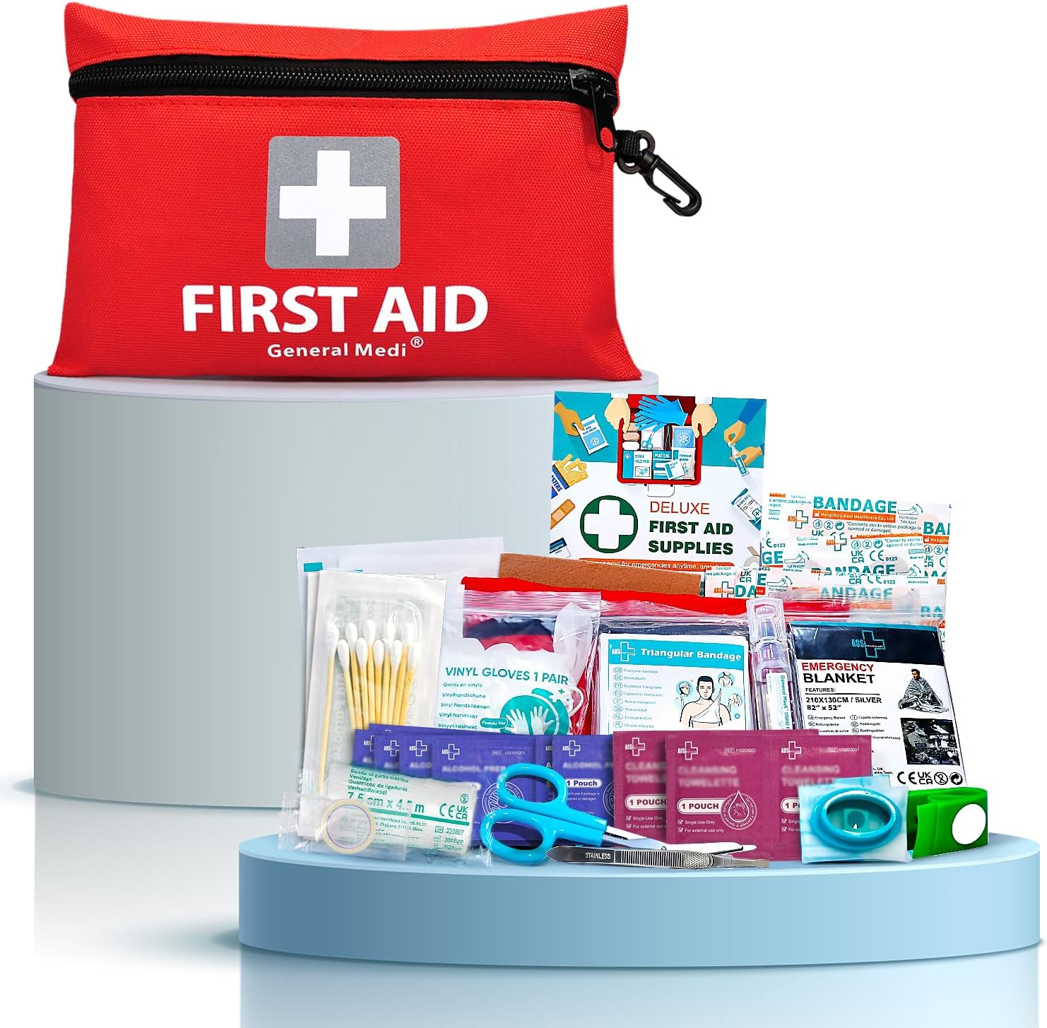 General Medi Mini First Aid Kit, 92 Pieces Small First Aid Kit - Includes Emergency Foil Blanket, Scissors for Travel, Home, Office, Vehicle, Camping, Workplace & Outdoor (Red)
