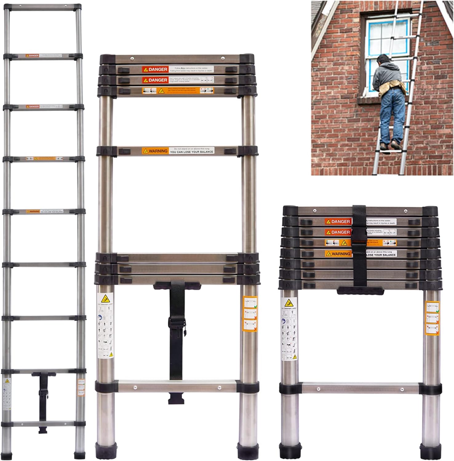 Extension Attic Ladder 2.6M Telescopic Loft Ladder, Stainless Steel Multi-Purpose Collapsible Industrial Ladder with Adjustable Step for Roof Work, Window Cleaning, Indoor Decorating, Max Load 330lbs