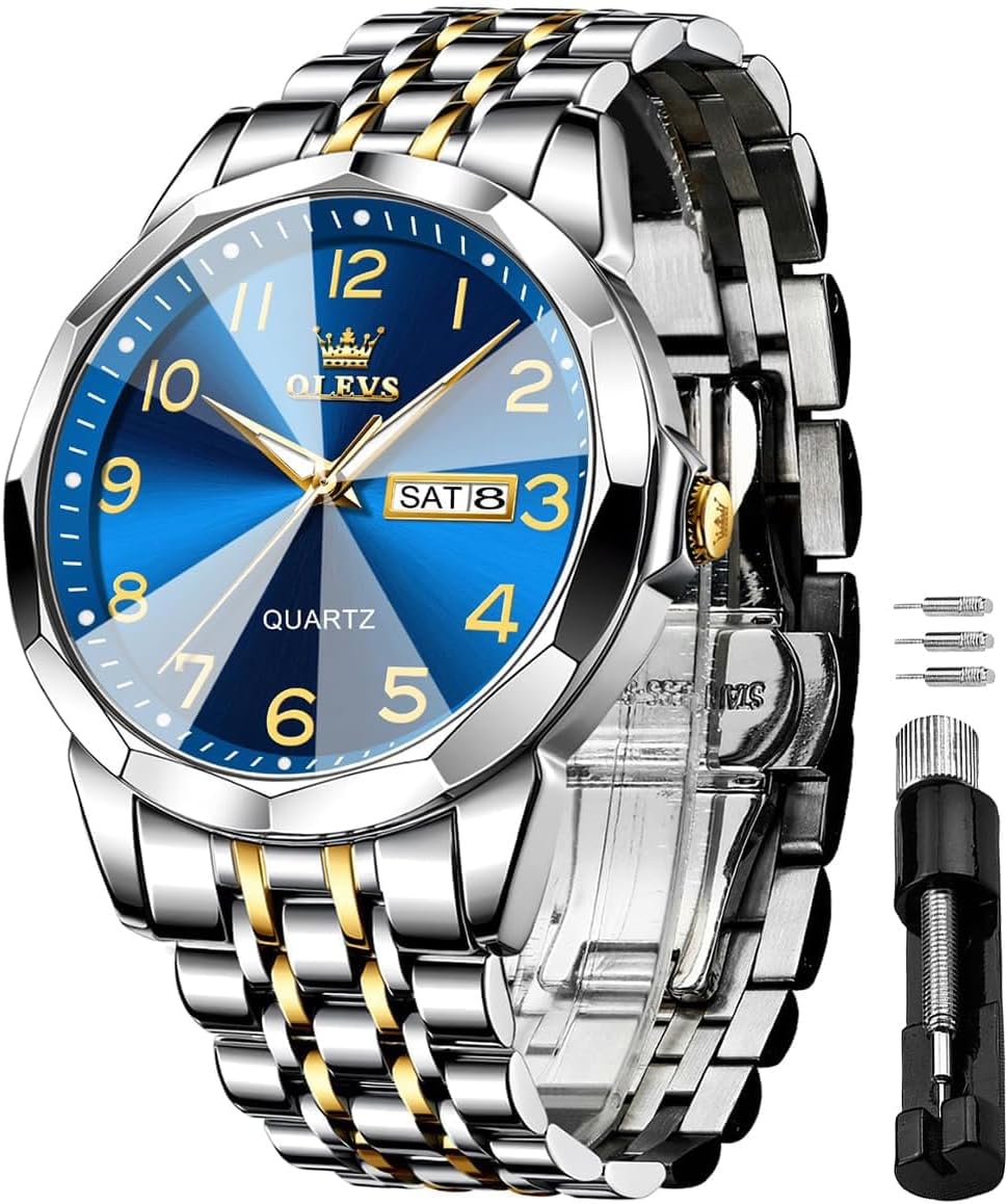 OLEVS Watches for Men Stainless Steel Analog Quartz Waterproof Luminous Luxury Dress Date Diamond Business Casual Mens Wrist Watch（Gold/Blue/Black/White Dial）