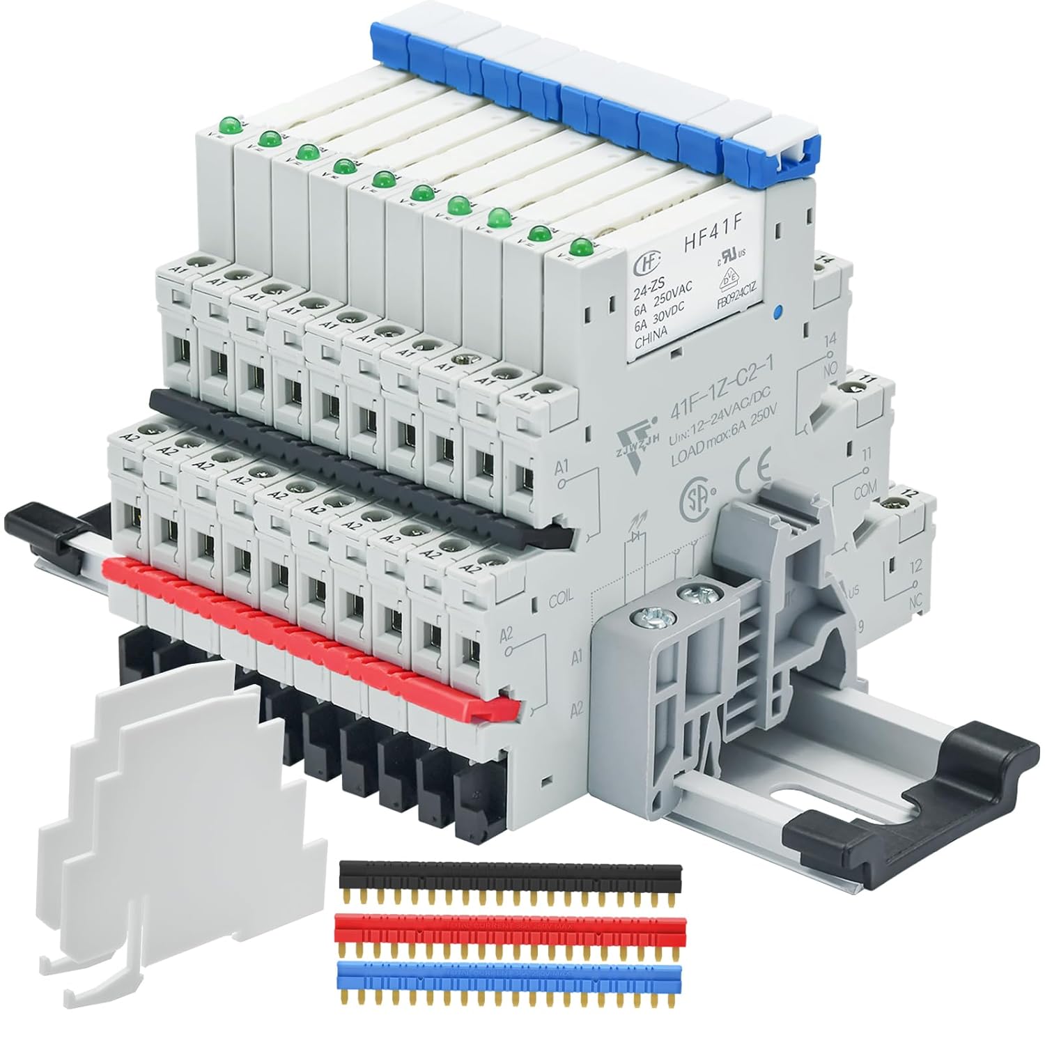 UL Listed 10Pcs Miniature Electromagnetic Relay 24V Coil DC/AC; Signal for PLC; HF41F/24-ZS 1NO 1NC 6Amp SPDT with Jumper, Separator, Din Rail Relay 24V