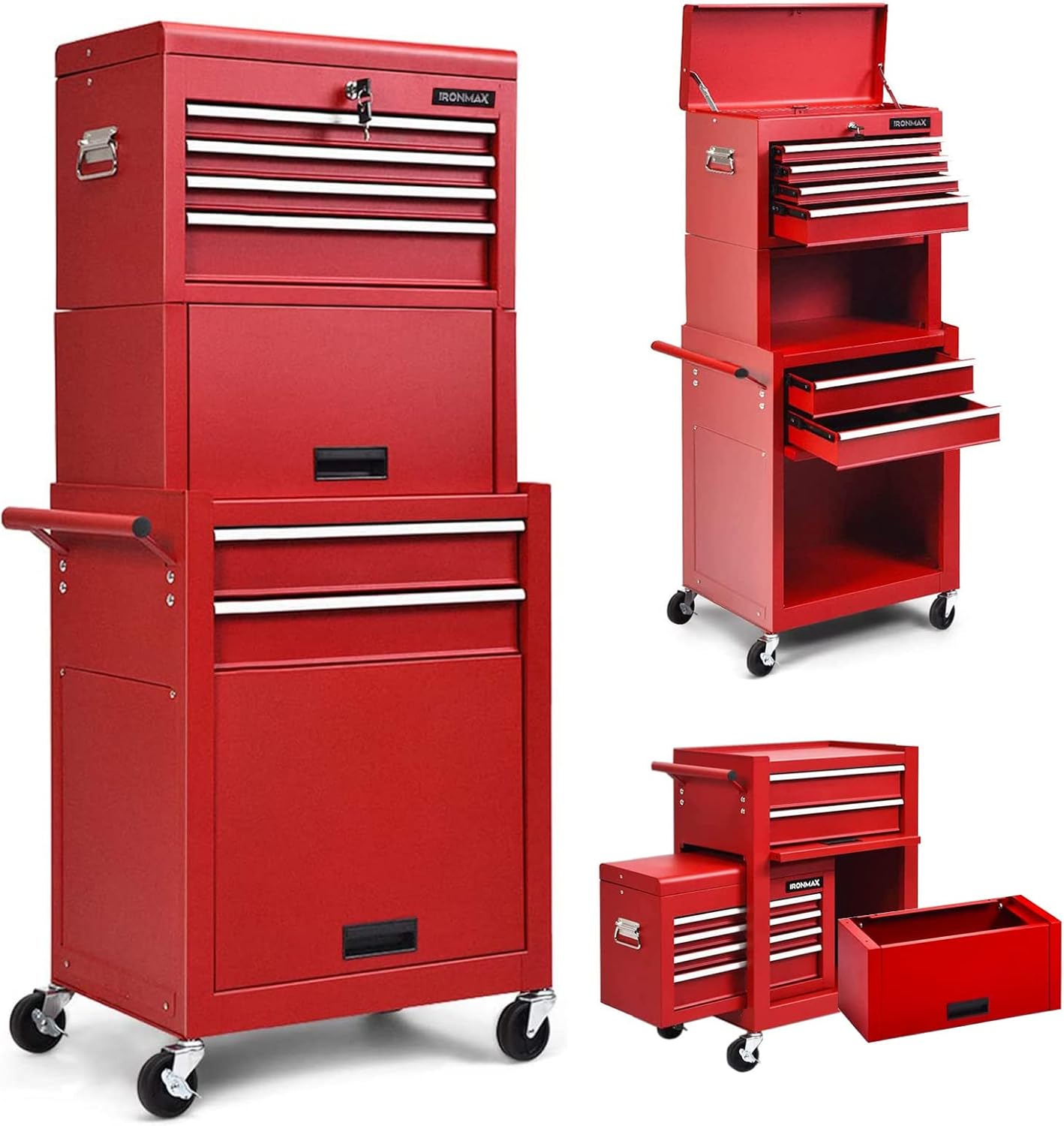 Goplus Tool Chest, 3-in-1 Rolling 6 Drawers Tool Cabinet with Detachable Top Toolbox, Middle Tool Storage, Universal Lockable Wheels, Protective Liner, Auto Lock, Metal Tool Box for Garage Workshop