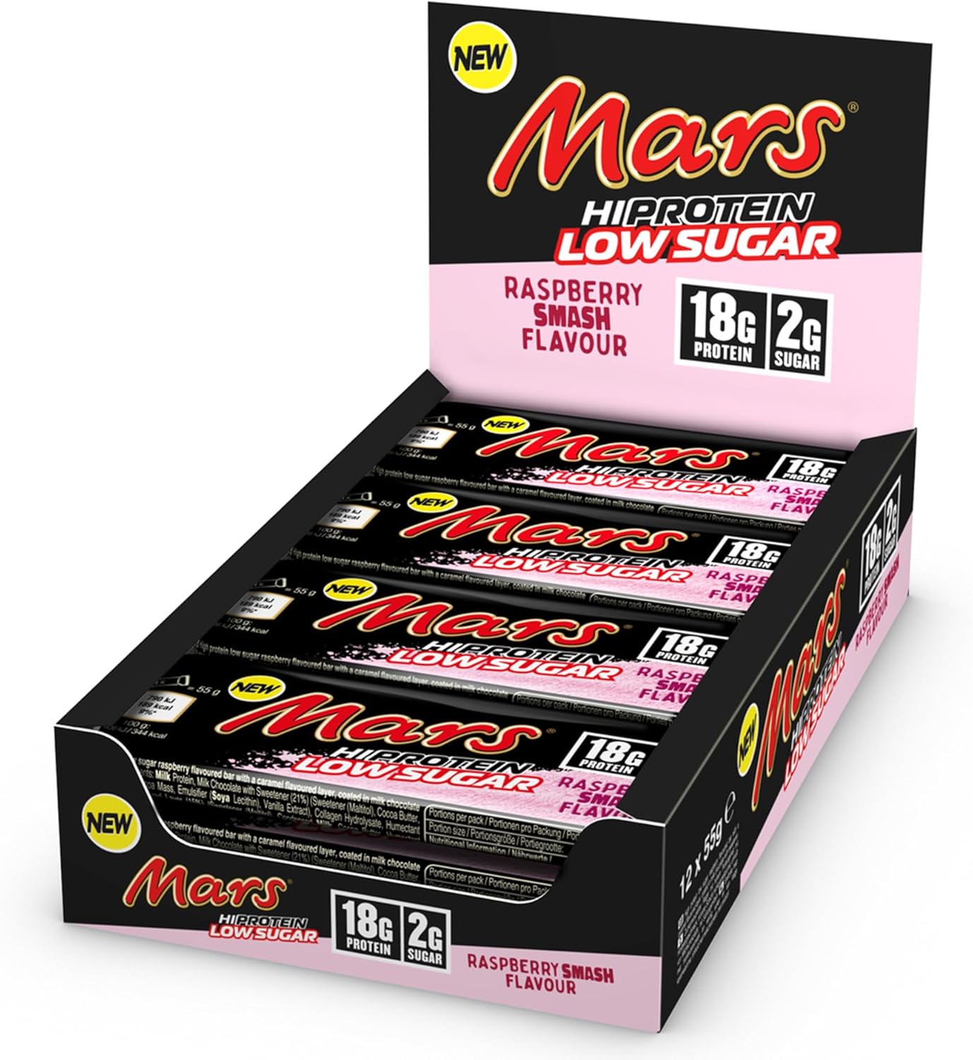 Mars - Raspberry Smash Low Sugar Chocolate Protein Bars | 12 x 55g Pack, High Protein Energy Snack, 18g Protein