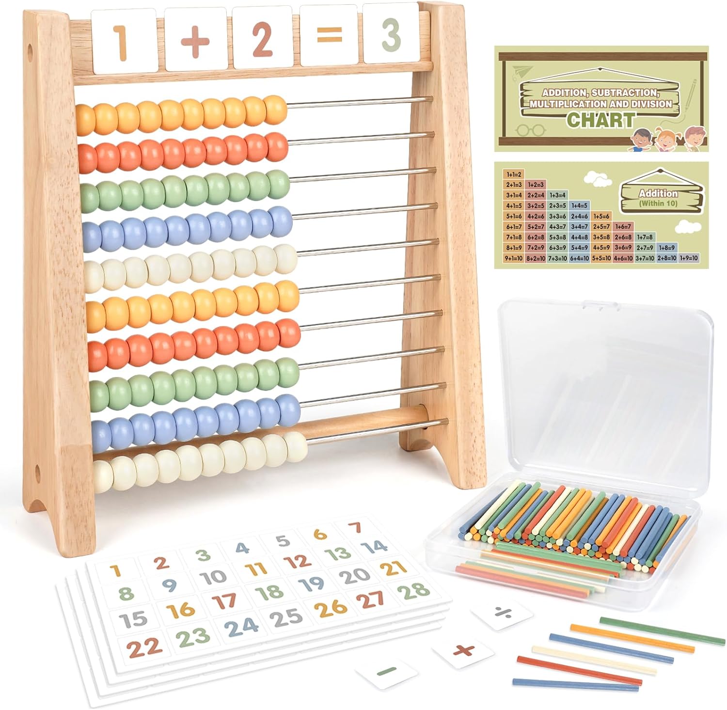 Abacus for Kids Math - Wooden Abacus with 100 Counting Sticks and 112 Math Cards, Counting Toys for Preschool Learning, Educational Math Toys for Developing Fine Motor Skills, Math Calculation