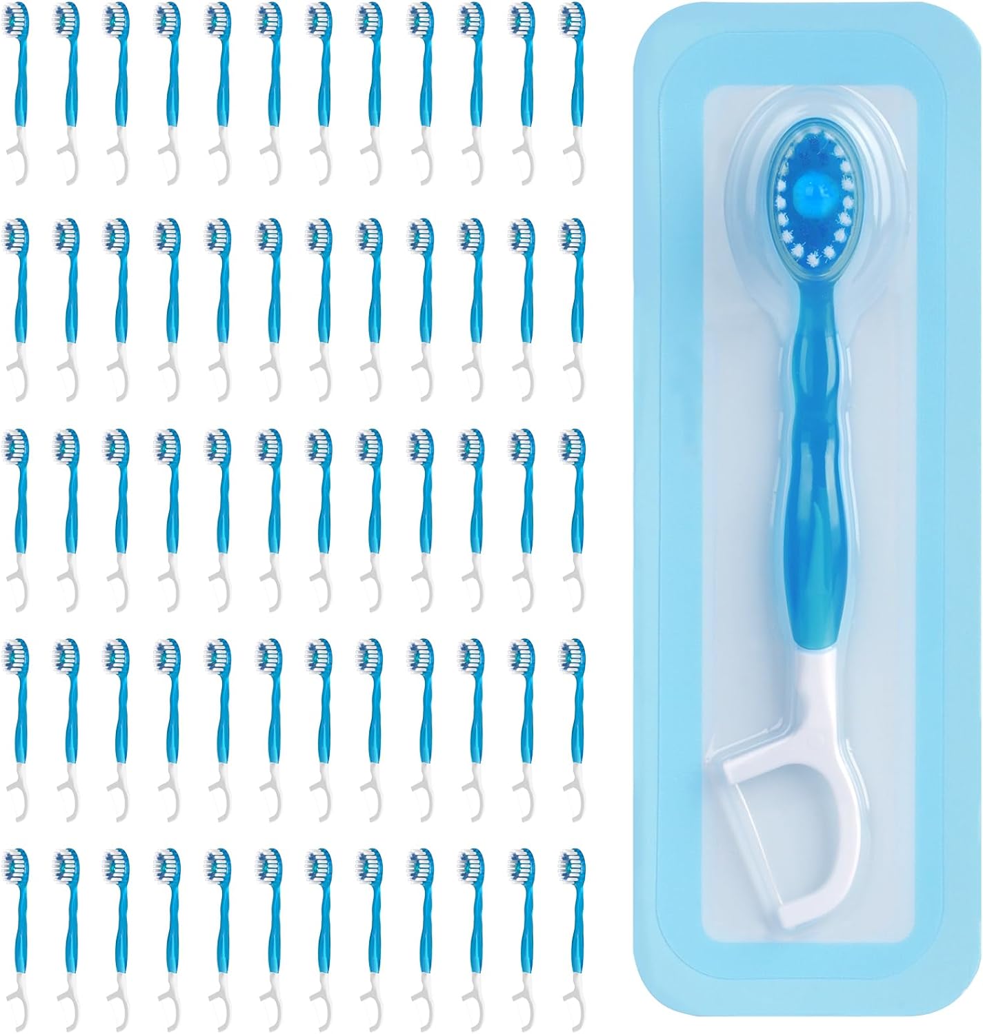 60 Count Disposable Mini Travel Toothbrushes Individually Wrapped, 5-in-1 Pre-Pasted Mini-Brush+Floss+Pick+Tongue Scraper, On The Go Portable Toothbrush with Freshening Bead, Coolmint