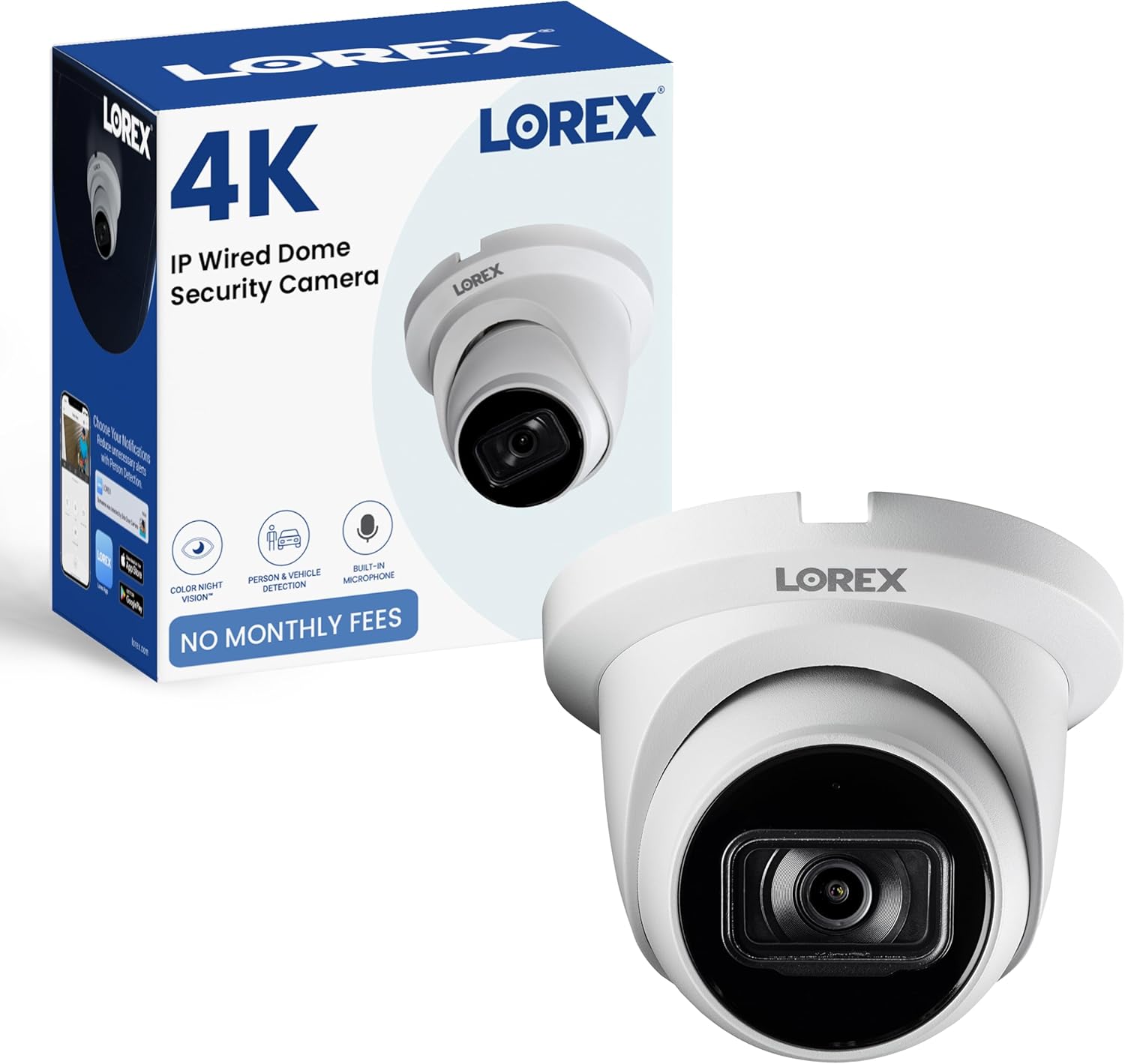 Lorex 4K 8MP IP Dome PoE Wired Security Camera - Indoor/Outdoor IP67 Weatherproof, Color Night Vision, Long-Range IR, Smart Motion Detection (Person/Vehicle) & Listen-in Audio