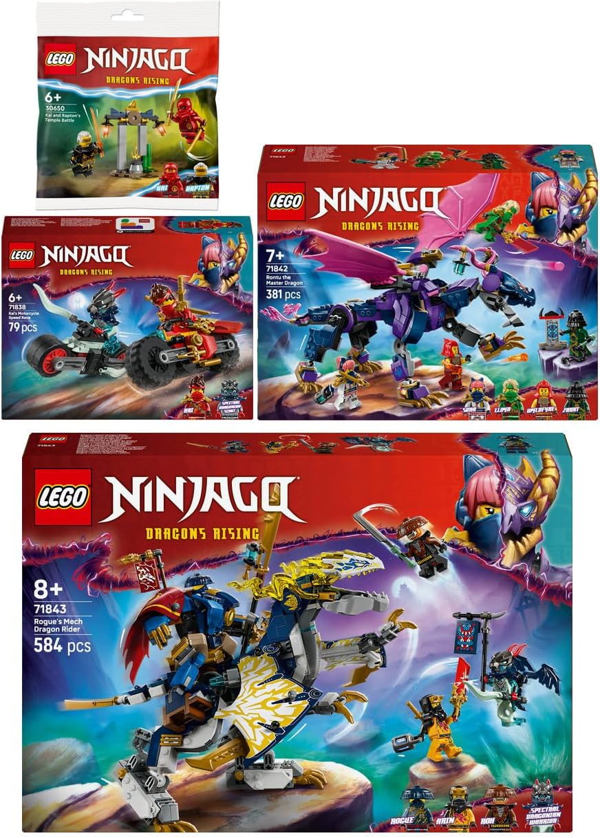 Lego Ninjago Set of 4: 71838 Kais Motorcycle Races, 71842 Rontu the Master Dragon, 71843 Rogues Mech Dragon Rider & 30650 Kais and Rapton's Duel in the Temple