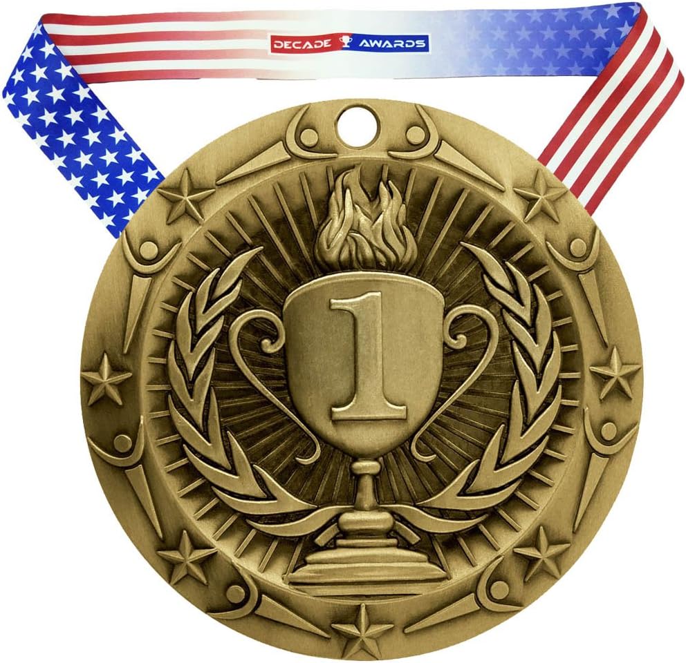 Decade Awards First Place Medal, World Class - 3 Inch Wide - Gold Medal with Stars & Stripes Neck Ribbon - Perfect for Any Competition, Coaches, Students, Athletes and Academics