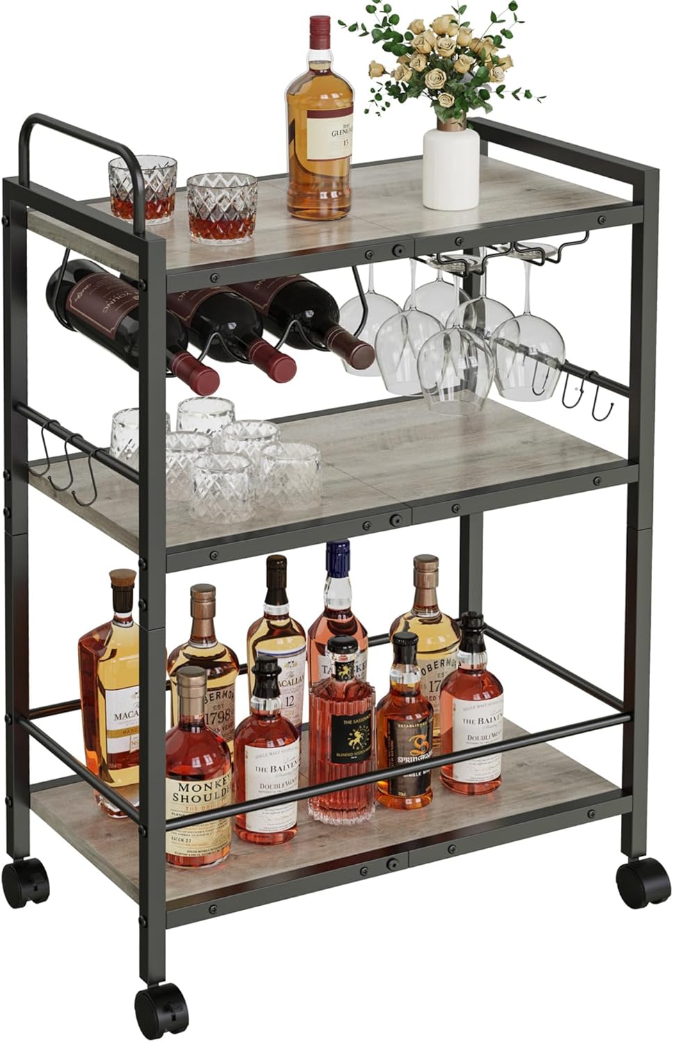 Home Bar Serving Cart, Serving Cart with Wheels and Handle, 3 Tier Rolling Kitchen Cart, MicrowaveCart, Beverage Cart with Wine Holder and Glass Holders, for Dinning Room, Living Room, Kitchen,Greige