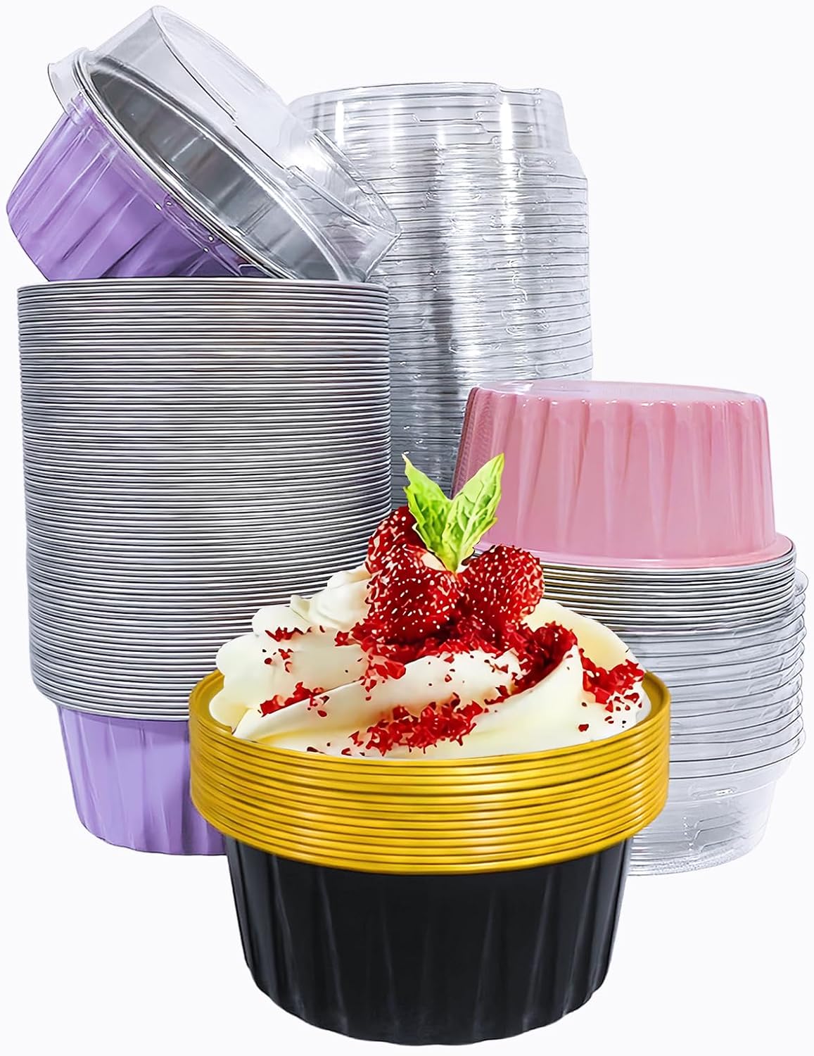 50PCS Mixed color Disposable Ramekins with lids,5oz Aluminium Foil Baking Cups Creme Brulee Mini cake pans, Cheesecake Pans Flan Molds Tin Cups Containers for Party (Mixed color with Lids 50PCS)