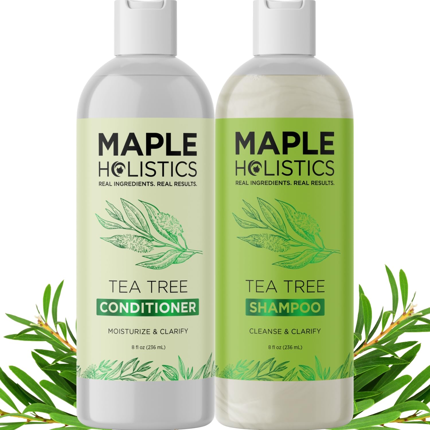 Maple Holistics Tea Tree Shampoo and Conditioner Set - Sulfate Free Clarifying Shampoo and Conditioner for Oily Hair & Scalp Care with Australian Tea Tree Oil - Complete Dry Scalp Treatment (8 Fl Oz)