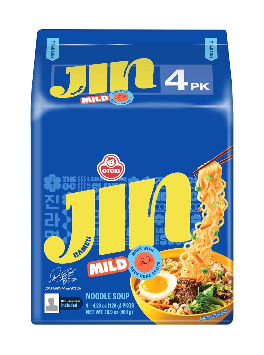 OTOKI Jin Ramen Mild Flavor (8 Pack), Authentic Korean Instant Noodles, Genuine Korean Ramen Soup Mix, Savory & Rich Quick & Easy Meal 4.23oz, Multi Pack (PACK OF 8, MILD)