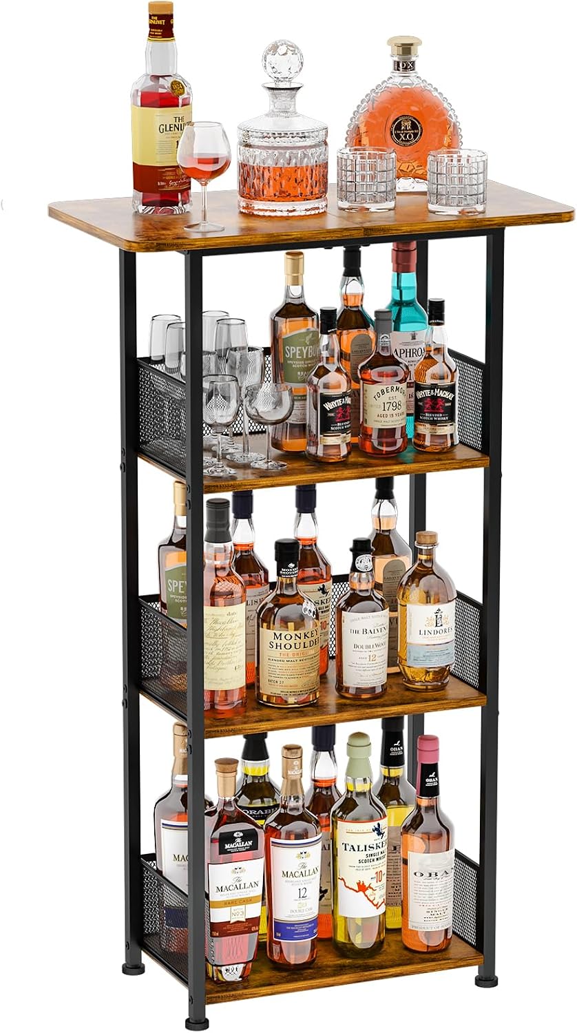 Eyteenokk Wine Rack Freestanding Floor:4 Tier Whiskey Wine Rack Mini Bar Cart,Liquor Cabinet-Home Bar for Bottles,Cocktail Shaker,Mugs-(23.6 * 11.8 * 40inch)
