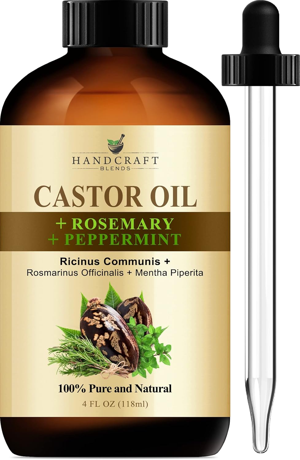 Handcraft Blends Castor Oil with Rosemary and Peppermint Oil - 118 ml - 100% Pure and Natural - Premium Grade Oil for Hair Growth, Eyelashes and Eyebrows - Carrier, Hair and Body Oil