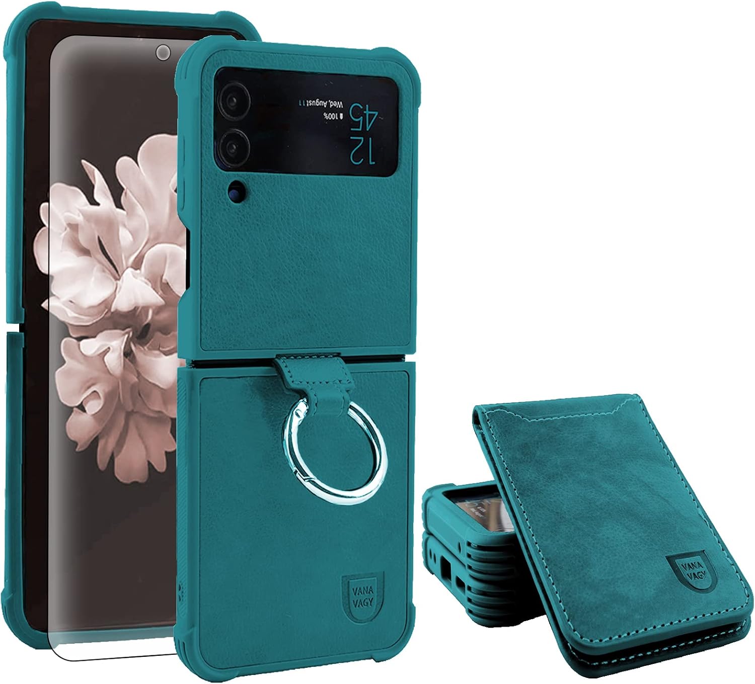 VANAVAGY Compatible for Samsung Galaxy Z Flip 4 Wallet Case,RFID Flip Leather Cover with Wrist Supports Wireless Charging with Card Holder and Screen Protector,Midnight Green