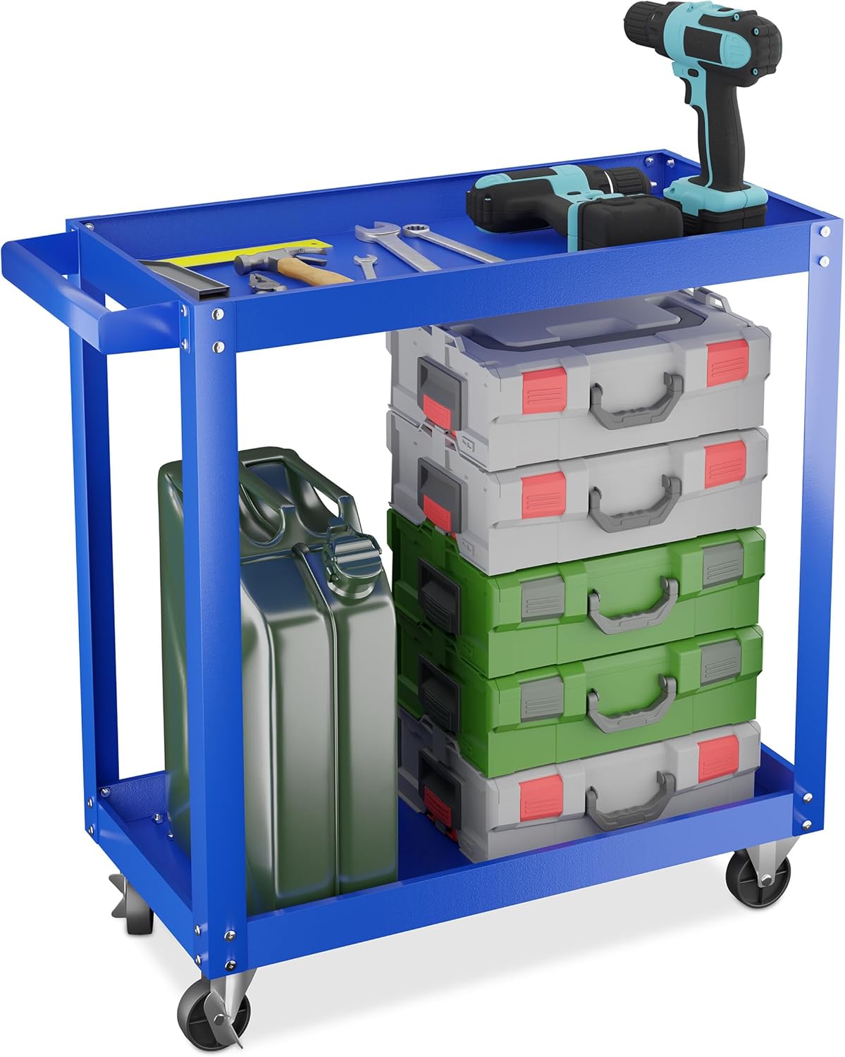 Relaxdays Tool Trolley, 2 Tiers, Workshop Cart, up to 100 kg, 76 x 78 x 35 cm, DIY Equipment, Garage & Mechanic, Blue, Steel, Rubber, Iron