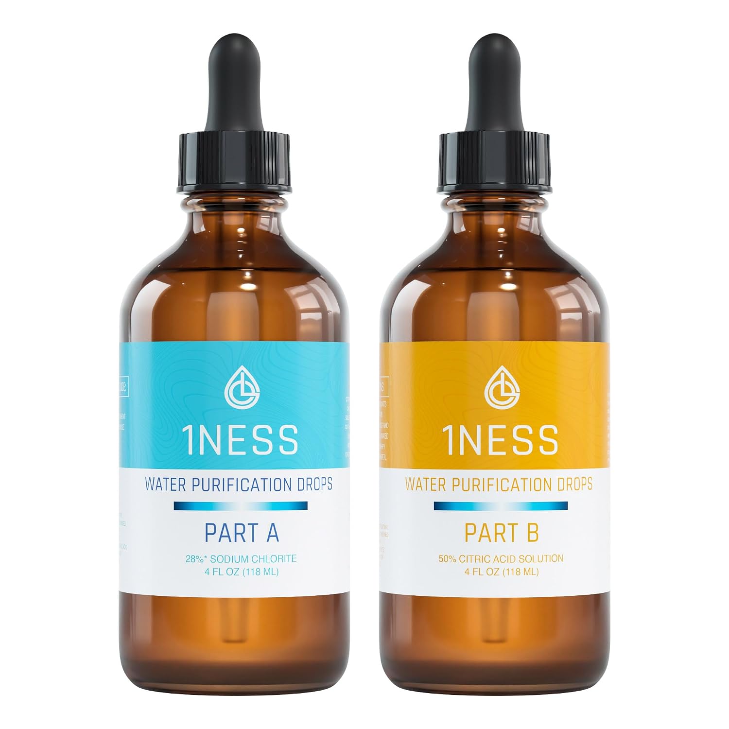 1ness Chlorine Dioxide Kit | 2 Part Liquid Classic 1:1 Set | Citric Acid 50% : Sodium Solution 28% | 1x 4oz Solution A + 1x 4oz Solution B