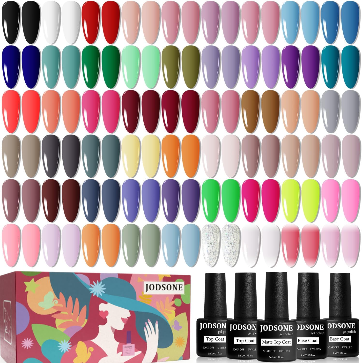 JODSONE Gel Nail Polish kit 60 PCS with 5 Bottles of Base and Glossy Matte Top Coat Soak off Gel Nail Set Suitable for All Seasons Gel Polish Gifts
