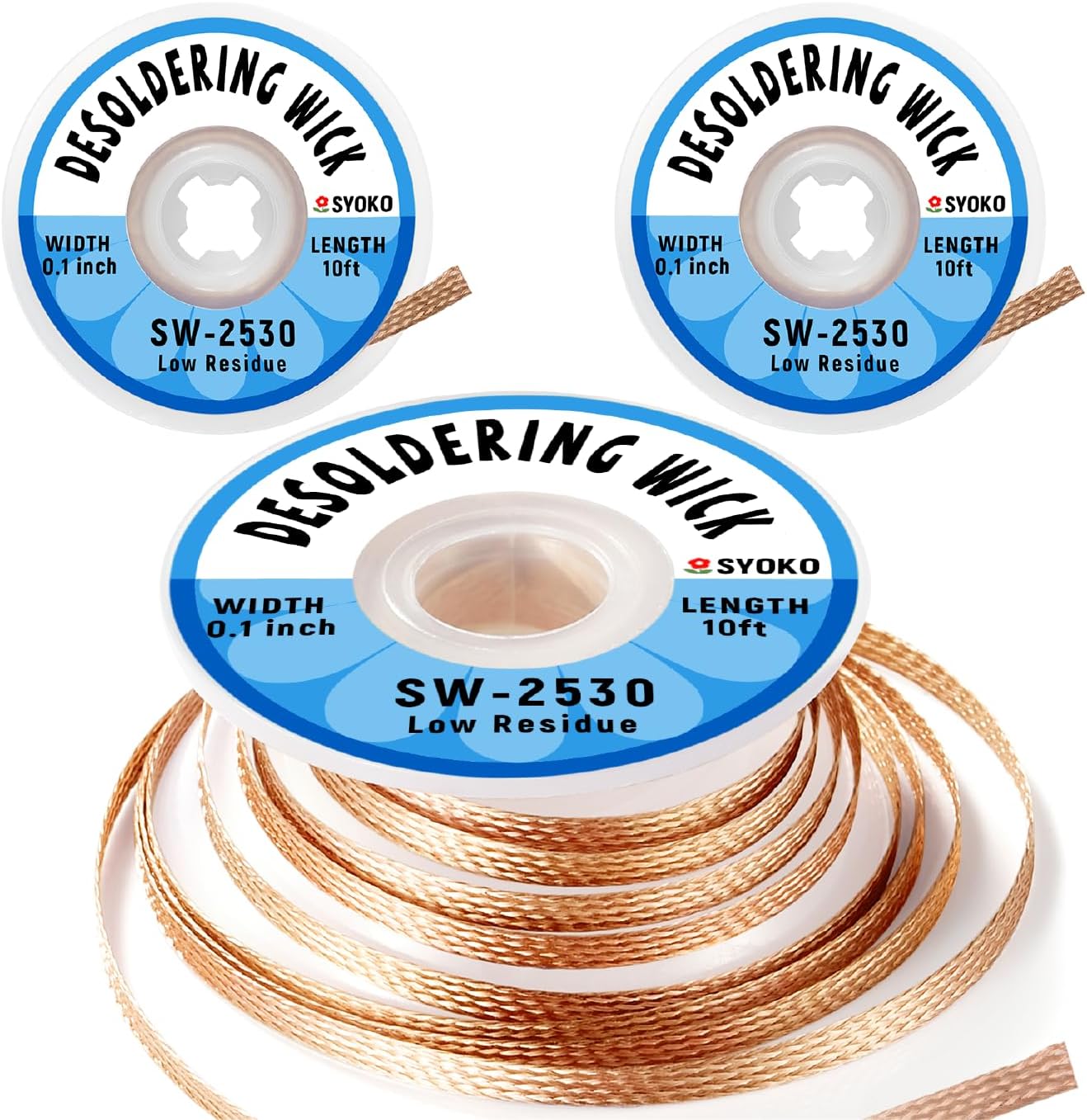 SYOKO 3 Pack Desoldering Wick, Braid Length 10ft/3M Width 2.5mm, No-Clean Solder Remover Wick, Used to Remove the Solder and Disassemble Electronic Components - (SW-2530)