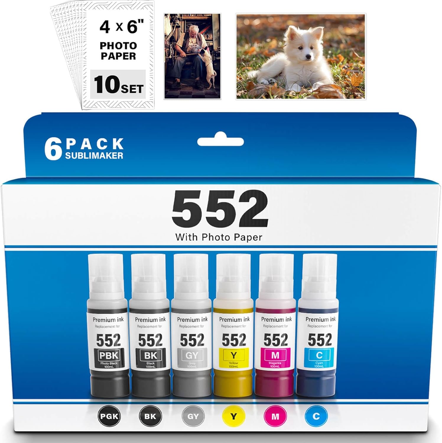 600ML 552 Ink Refill Bottles 6 Pack Replacement for Epson Ecotank Photo ET-8550 ET-8500 ET8550 ET8500 8550 8500 Printer, Compatible for Epson 552 Ink Refill Bottles (BK Pigment, PB C M Y GY Dye)