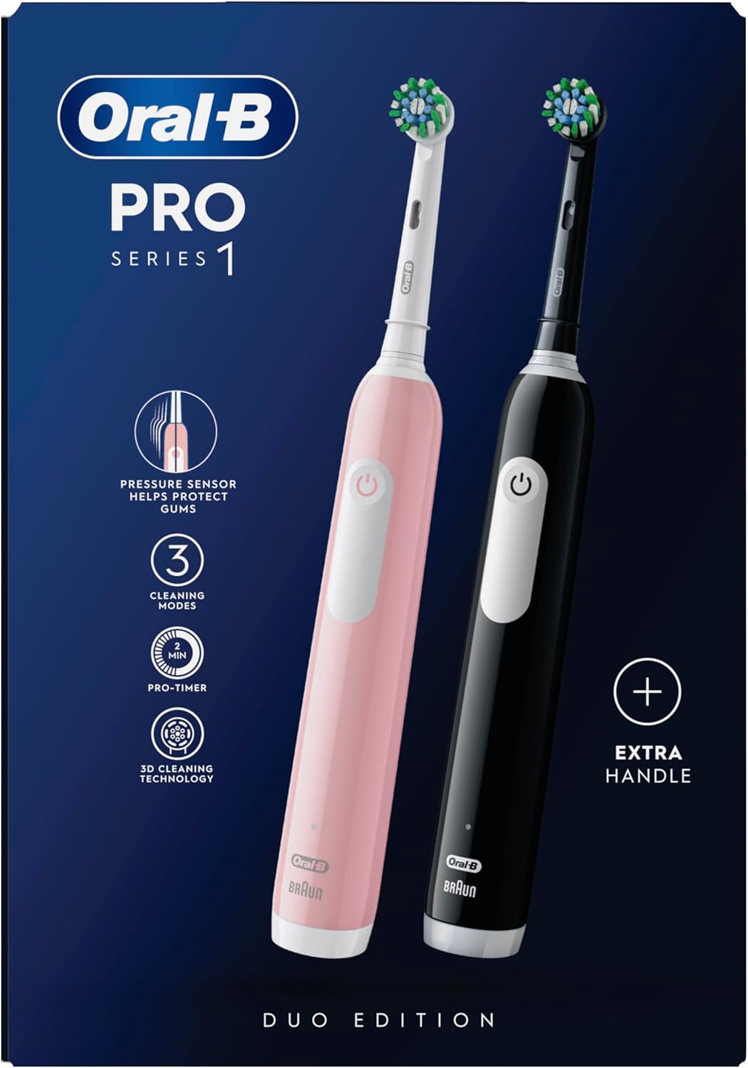 Oral-B Pro 1 X2 Electric Toothbrushes For Adults, Oral B Electric Toothbrush, With 3D Cleaning, 2 Toothbrush Heads, Gum Pressure Control, 2 Pin UK Plug, Pink & Black