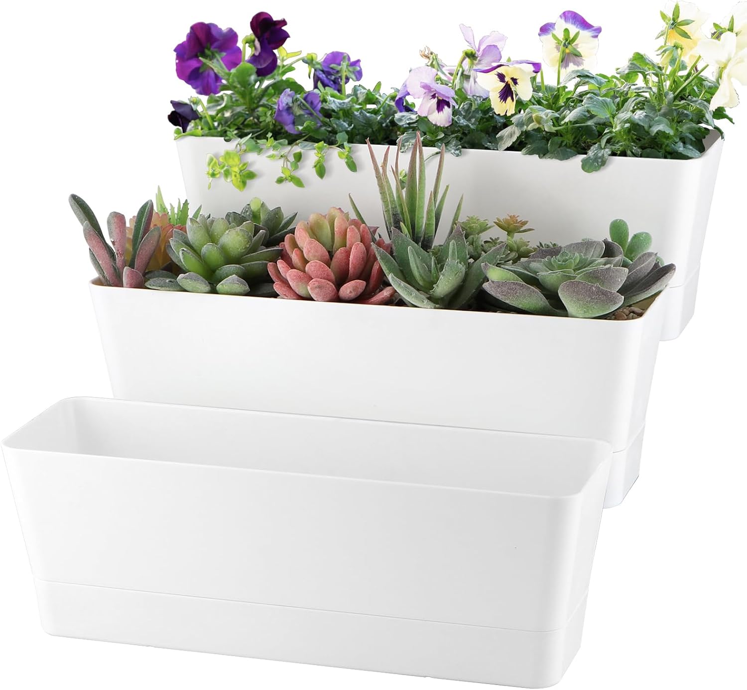 Window Box Planter with Tray, 12" Rectangle Plant Pot, Pack of 3 (White)