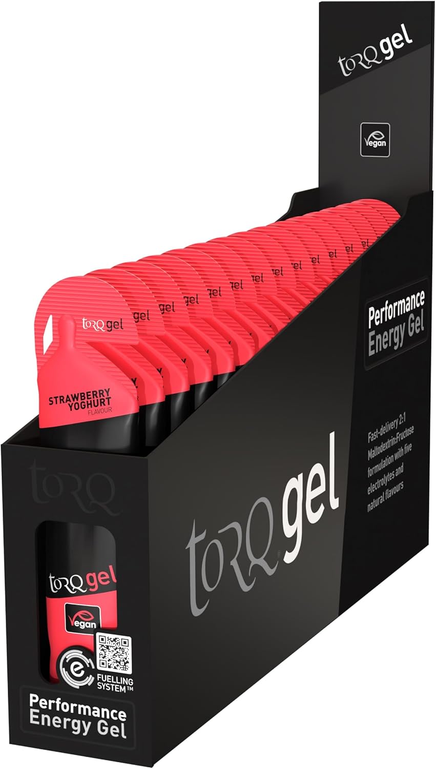 Torq Energy Gels - Strawberry Yoghurt Pack of 15 - Ultimate On The Go Quick Release Energy - 30g of Carbohydrates - Running/Cycling/Sports Gels - 5 Key Electrolytes - Natural & Vegan