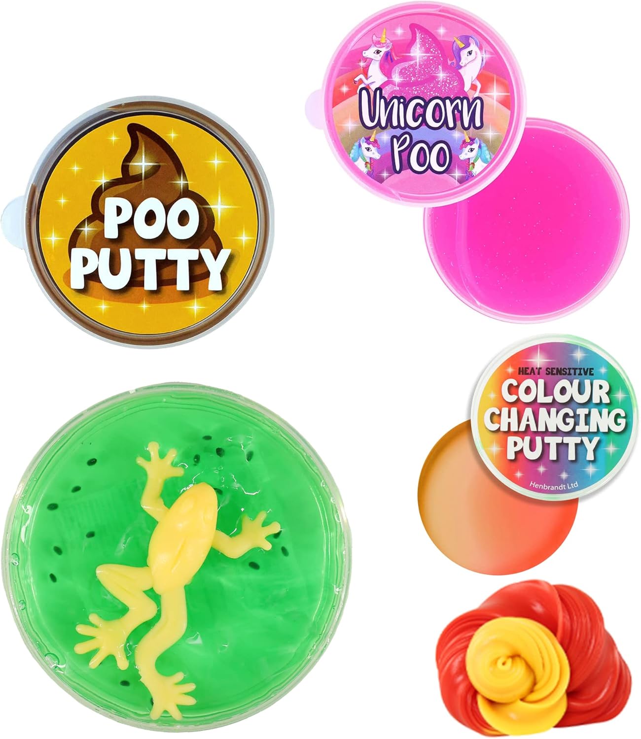 4 Assorted Putty and Slime Pack, Unicorn Poo, Poop, Frog Slime with Eggs, Magical Squishy Stress Relief Fidget Fiddle Toys Great for Autism Special Needs ASD SEN ADHD SPD Party Favours (4 Assorted)
