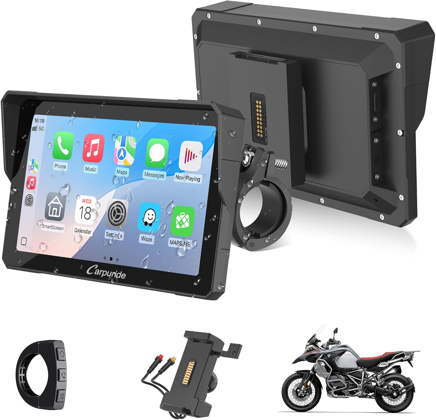 CARPURIDE W702S Pro Motorcycle Carplay Screen with BM05 Mount for Plug-and-Play, Wireless CarPlay & Android Auto, 7" Waterproof Touchscreen, Intercom Function, Dual Bluetooth, Wired Controller, Navi.
