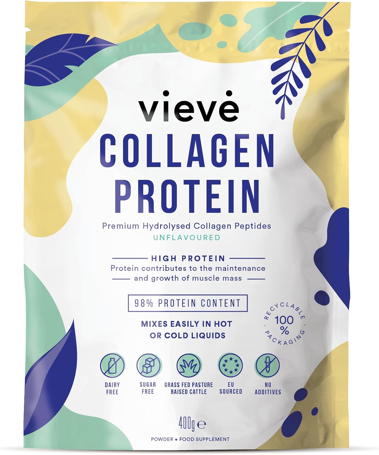 Vieve Collagen Protein Powder - Hydrolysed Bovine Peptides - Diet Support Supplement for Skin, Hair, Nail Health - Non-GMO, EU Grass-Fed, Pasture-Raised Cattle - No Dairy or Sugar, Flavourless, 400g