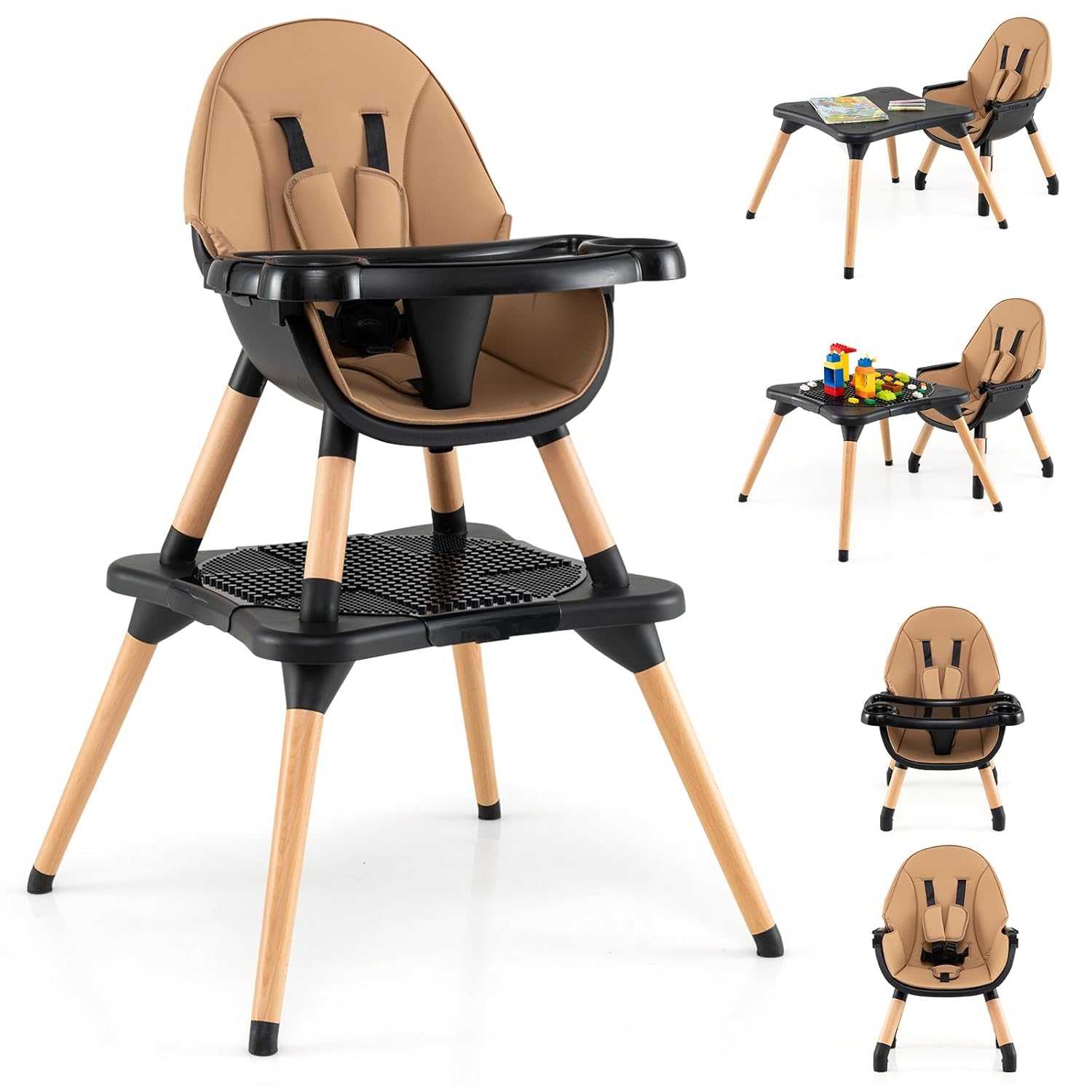 HONEY JOY Baby High Chair, 6-in-1 Convertible Wooden Highchair for Babies and Toddlers/Table Set/Toddler Chair with Safety Harness, 4-Position Removable Feeding Tray (Coffee)