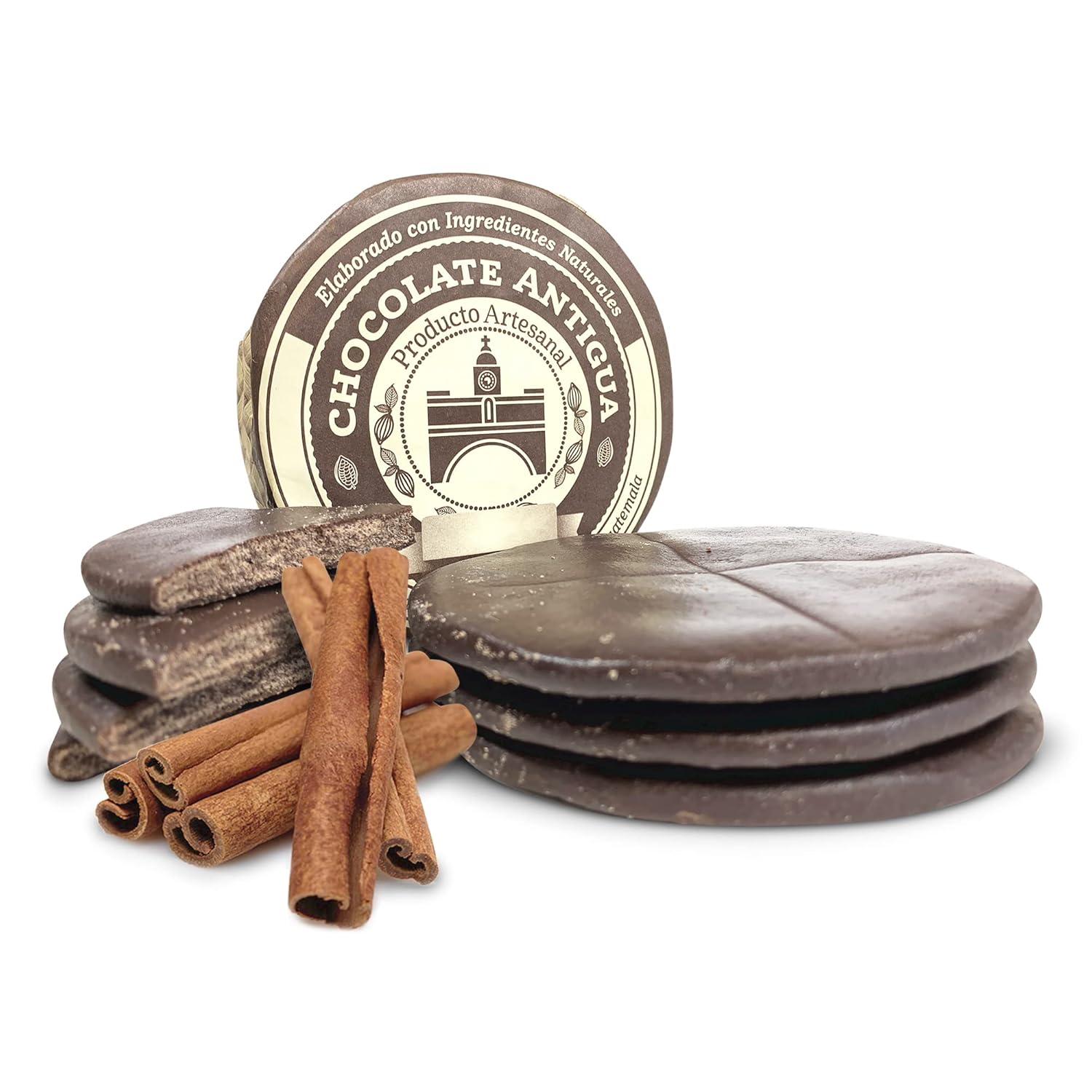 Chocolate Antigua, Handmade Hot Drink Tablets, Mayan Cacao Disc, Hand Carved with All Natural Ingredients for a Perfect Taza - From San Juan del Obispo, Antigua Guatemala (Cinnamon (Canela)) Brown